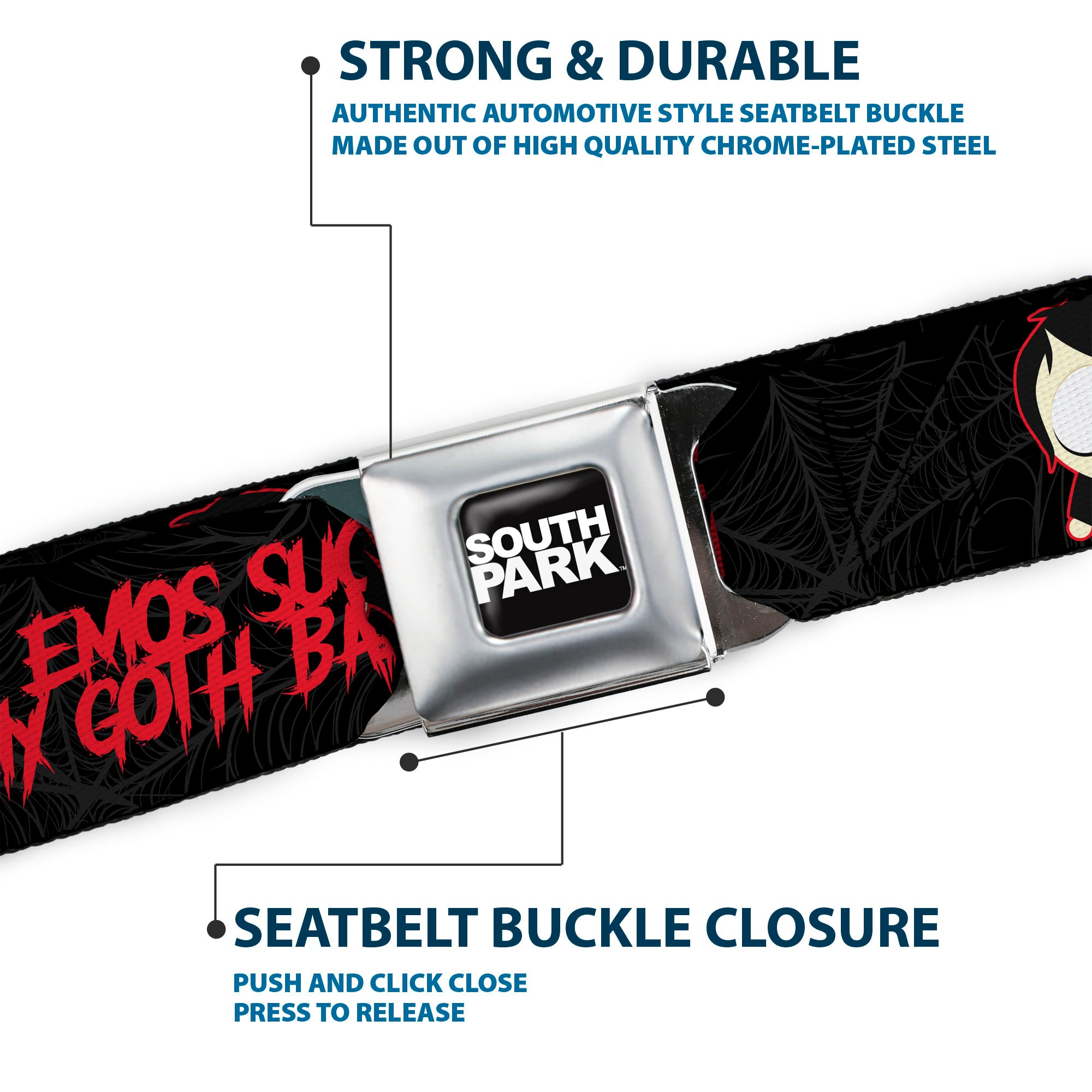 SOUTH PARK Title Logo Full Color Black/White Seatbelt Belt - South Park Goth Firkle EMOS SUCKS MY GOTH BALLS! Black/Gray/Red Webbing Seatbelt Belts South Park