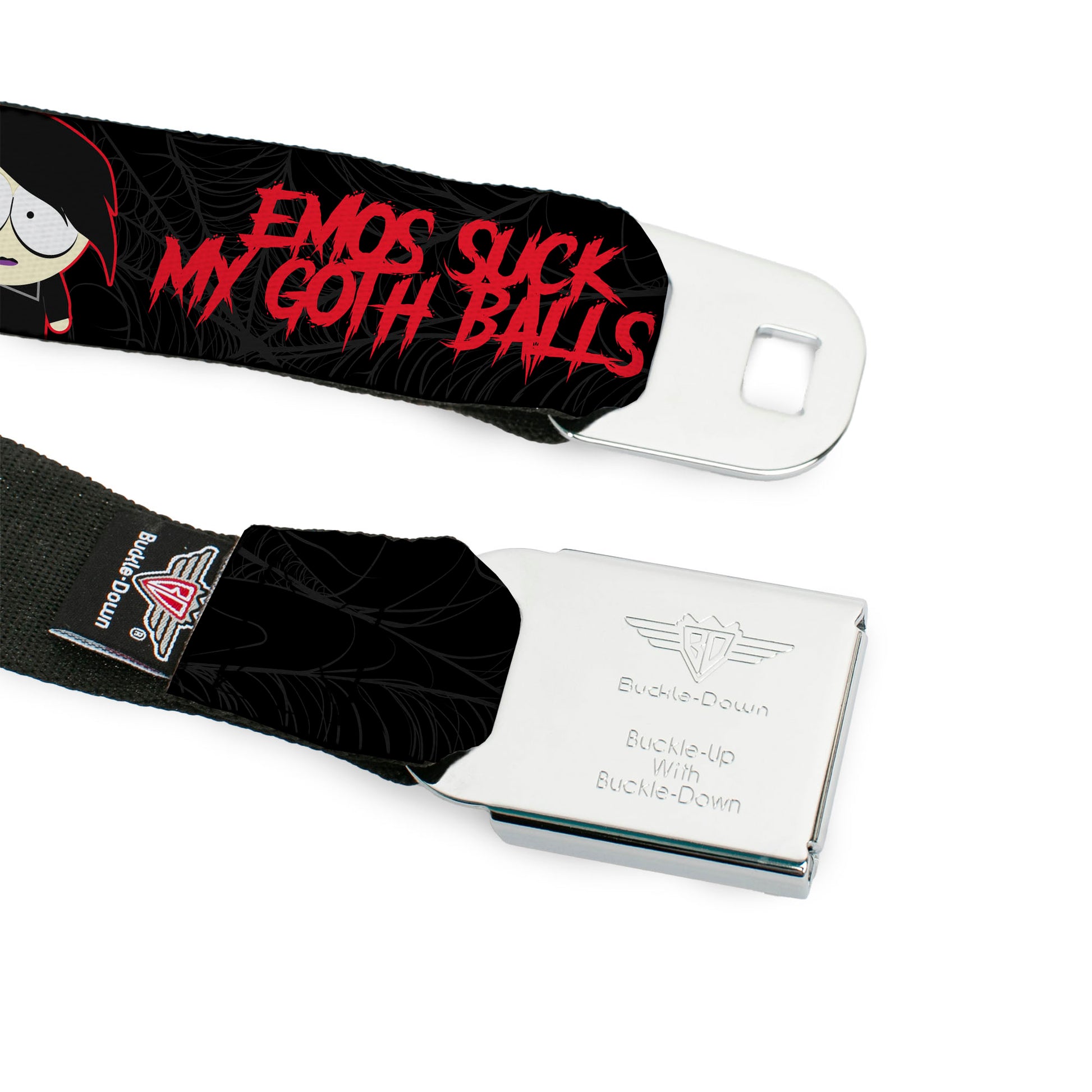 SOUTH PARK Title Logo Full Color Black/White Seatbelt Belt - South Park Goth Firkle EMOS SUCKS MY GOTH BALLS! Black/Gray/Red Webbing Seatbelt Belts South Park