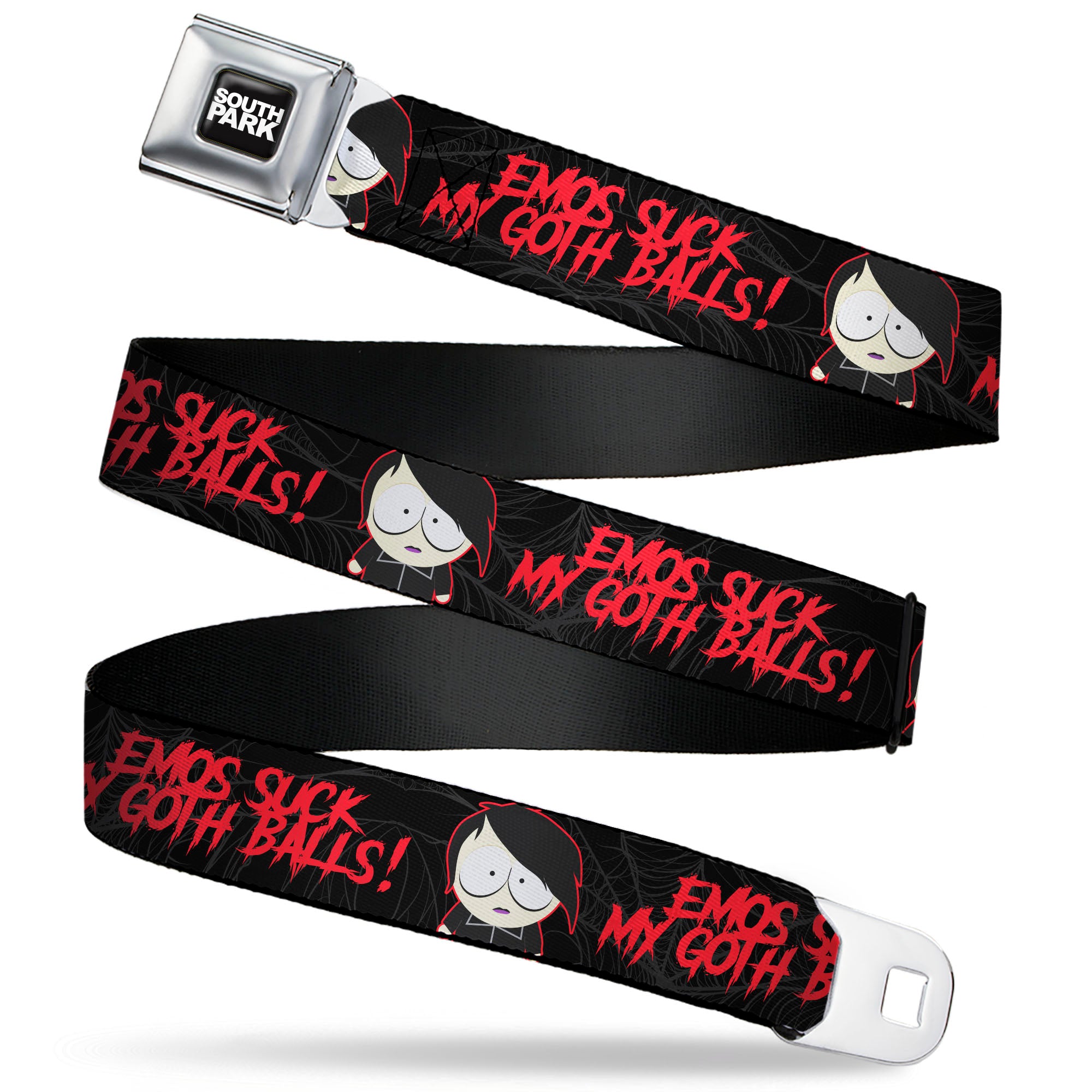 SOUTH PARK Title Logo Full Color Black/White Seatbelt Belt - South Park Goth Firkle EMOS SUCKS MY GOTH BALLS! Black/Gray/Red Webbing Seatbelt Belts South Park