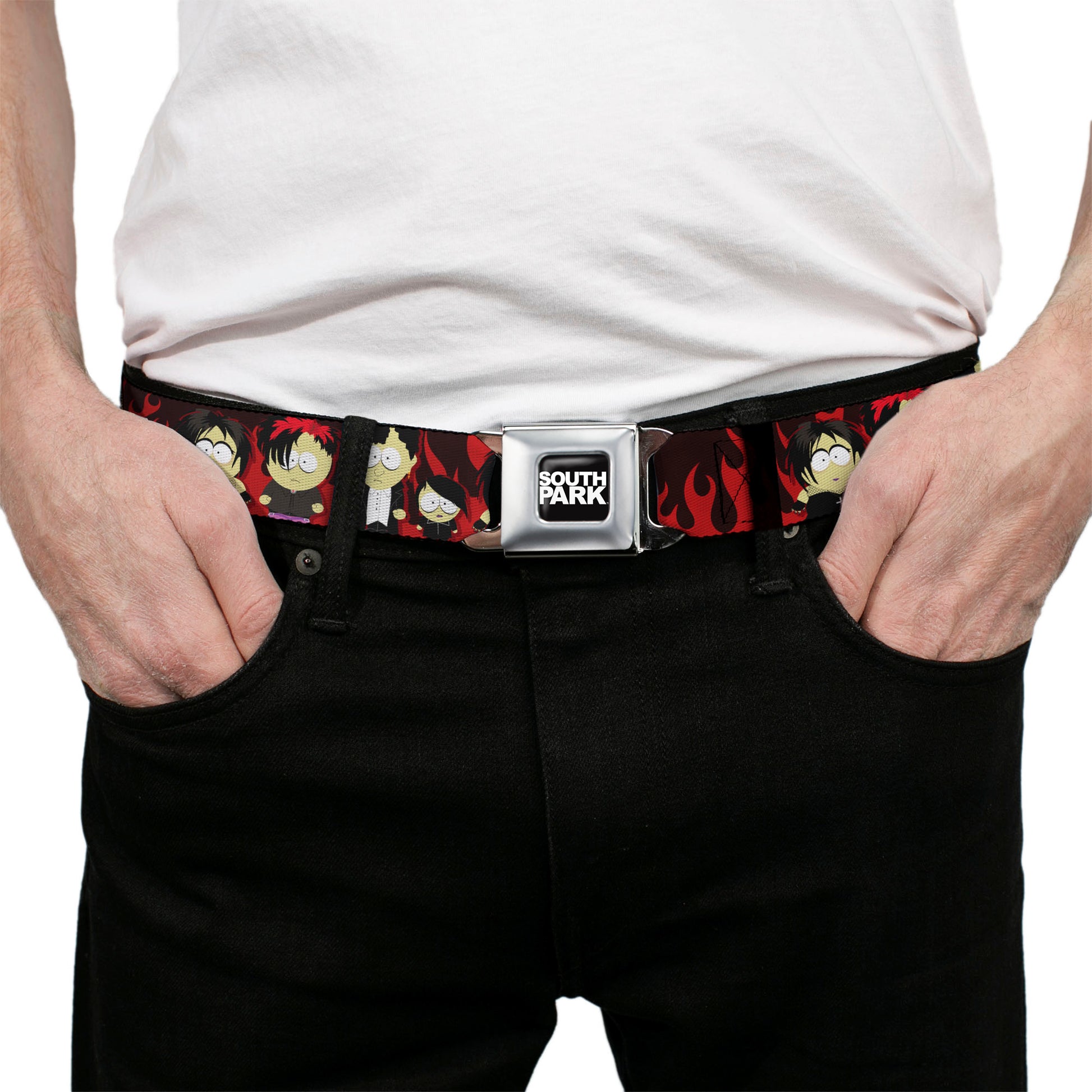 SOUTH PARK Title Logo Full Color Black/White Seatbelt Belt - South Park Goth Kids Poses Flame Reds Webbing Seatbelt Belts South Park