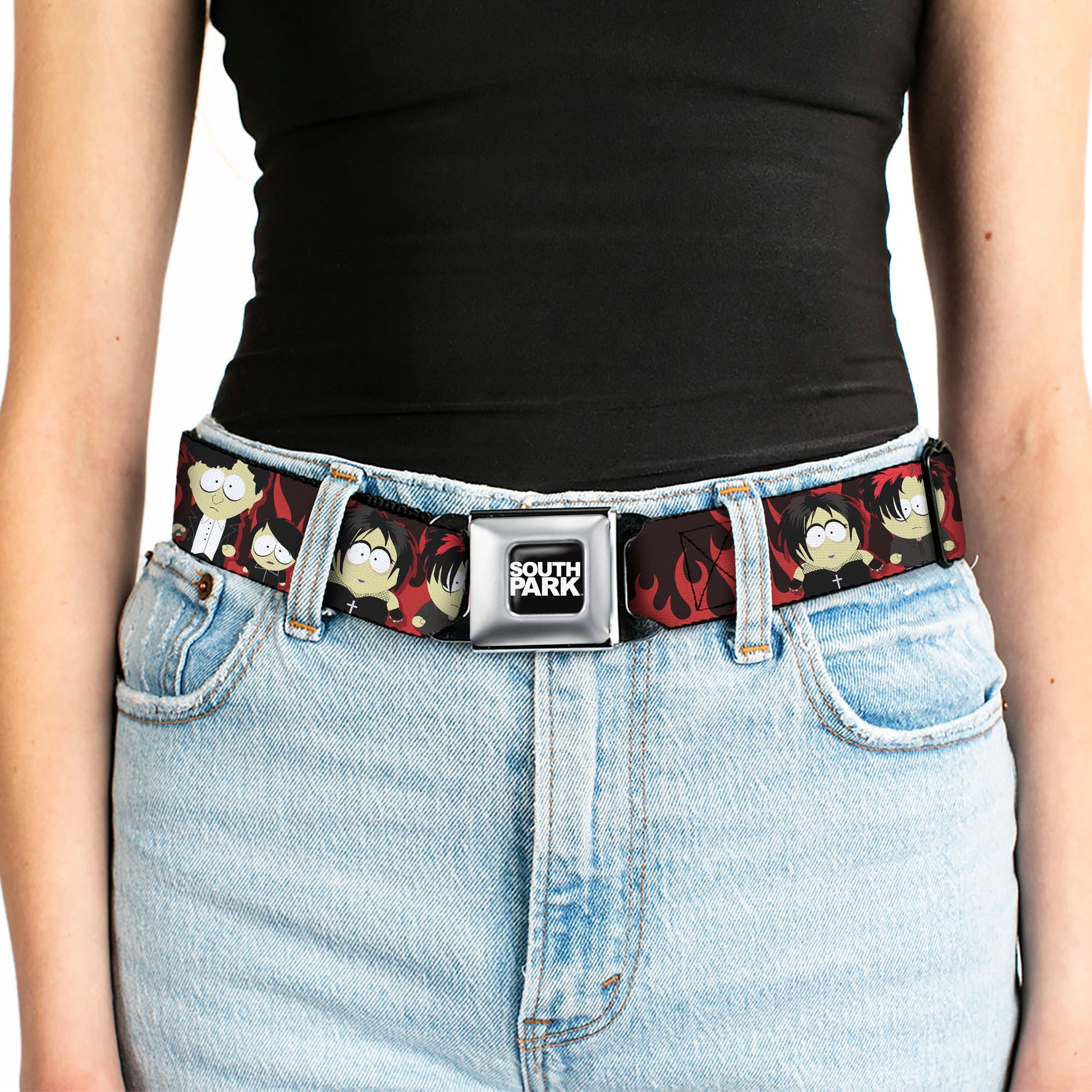 SOUTH PARK Title Logo Full Color Black/White Seatbelt Belt - South Park Goth Kids Poses Flame Reds Webbing Seatbelt Belts South Park