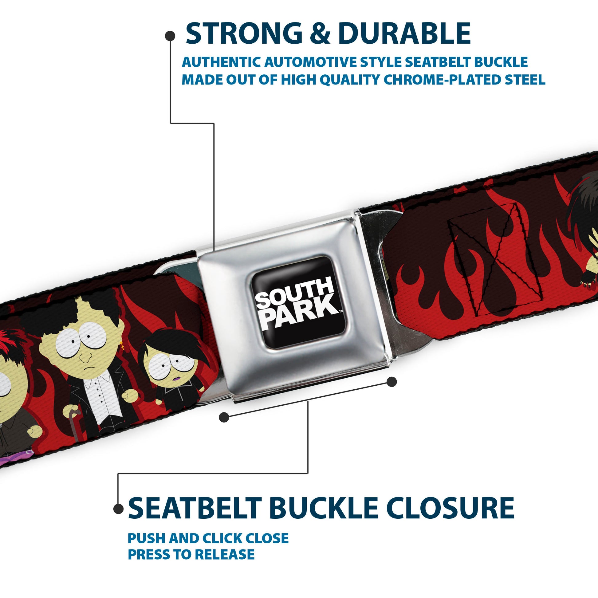 SOUTH PARK Title Logo Full Color Black/White Seatbelt Belt - South Park Goth Kids Poses Flame Reds Webbing Seatbelt Belts South Park