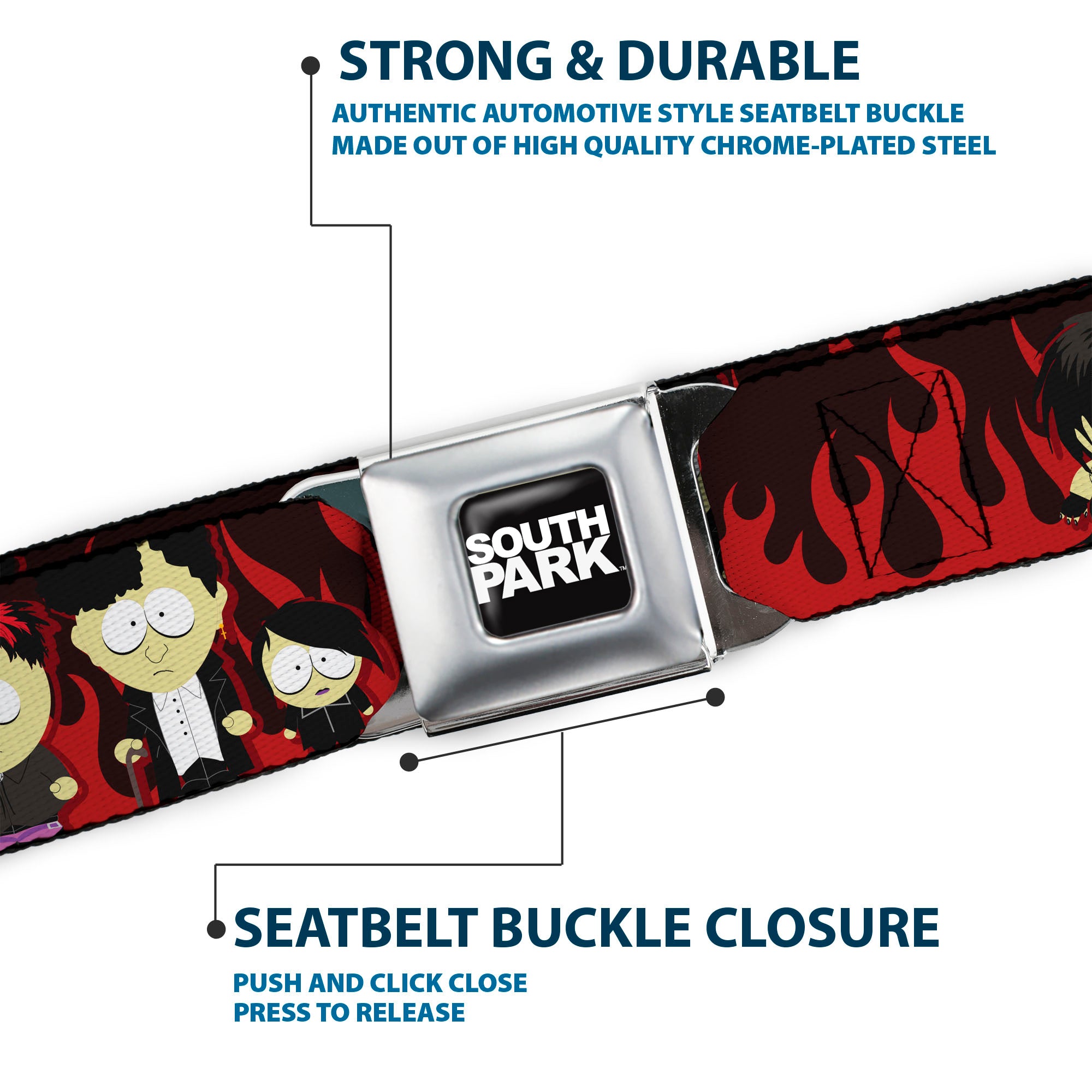 SOUTH PARK Title Logo Full Color Black/White Seatbelt Belt - South Park Goth Kids Poses Flame Reds Webbing Seatbelt Belts South Park