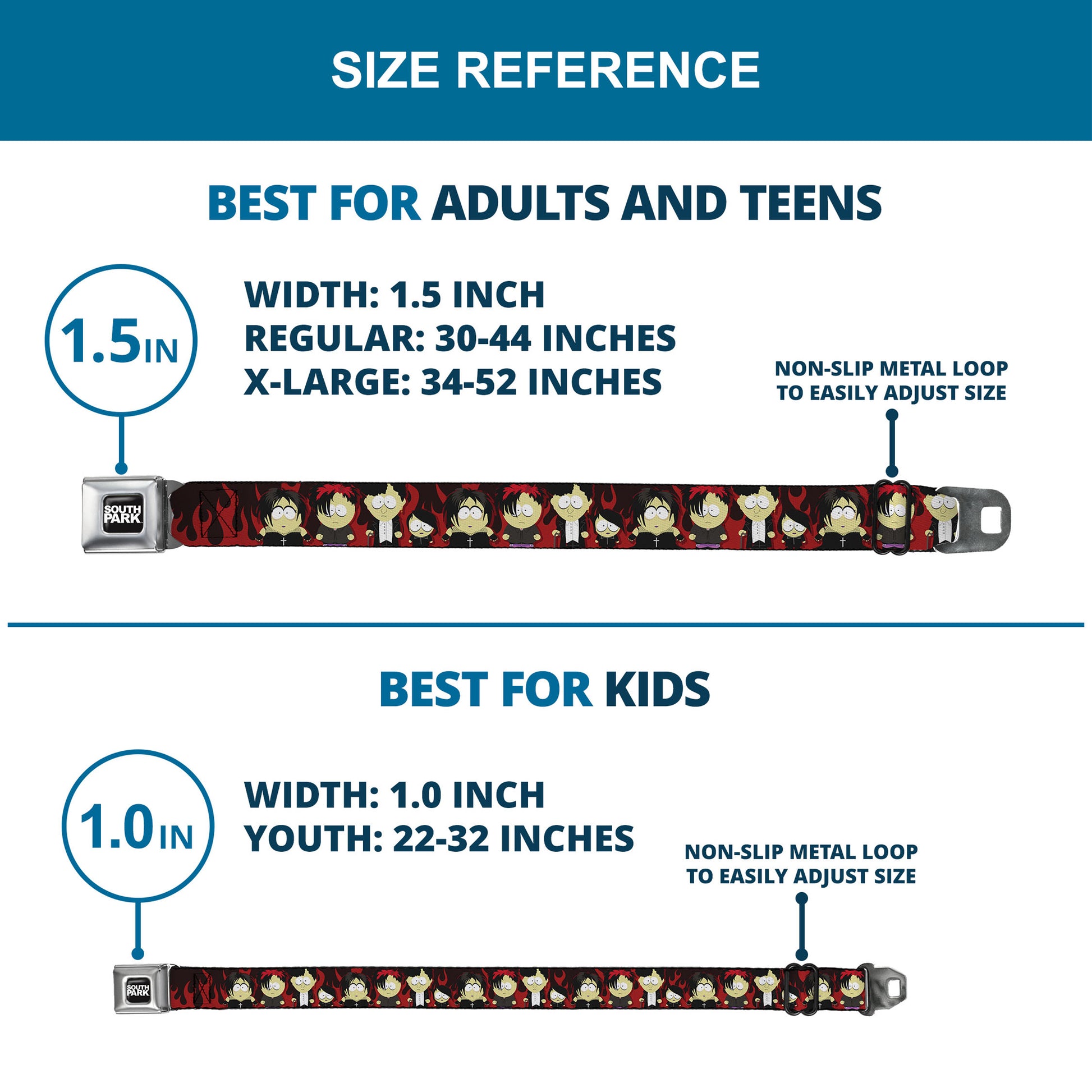 SOUTH PARK Title Logo Full Color Black/White Seatbelt Belt - South Park Goth Kids Poses Flame Reds Webbing Seatbelt Belts South Park