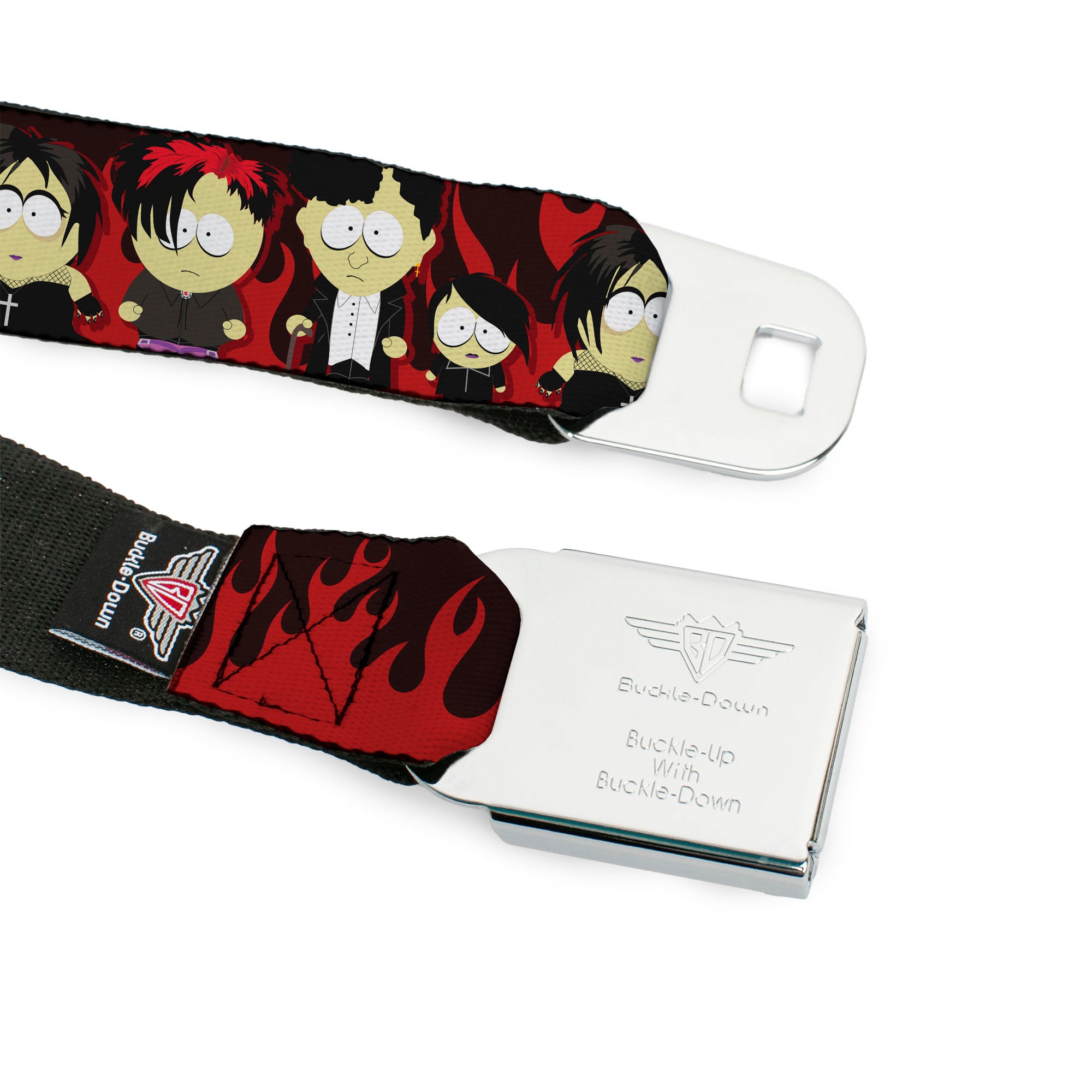 SOUTH PARK Title Logo Full Color Black/White Seatbelt Belt - South Park Goth Kids Poses Flame Reds Webbing Seatbelt Belts South Park