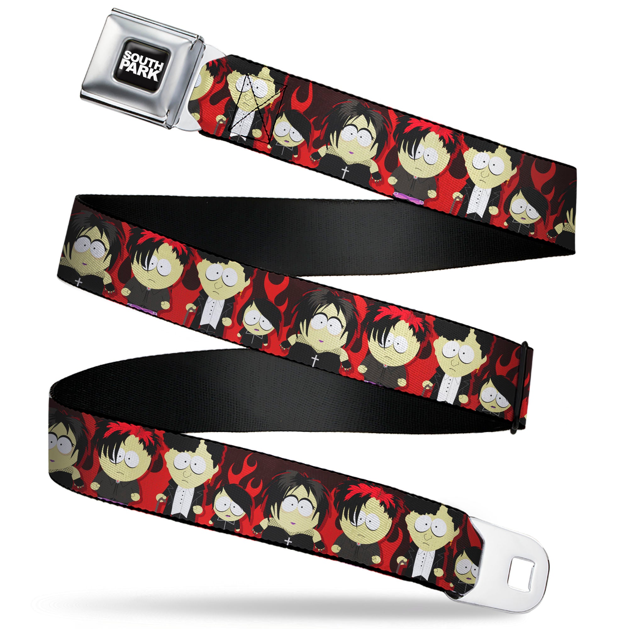 SOUTH PARK Title Logo Full Color Black/White Seatbelt Belt - South Park Goth Kids Poses Flame Reds Webbing Seatbelt Belts South Park