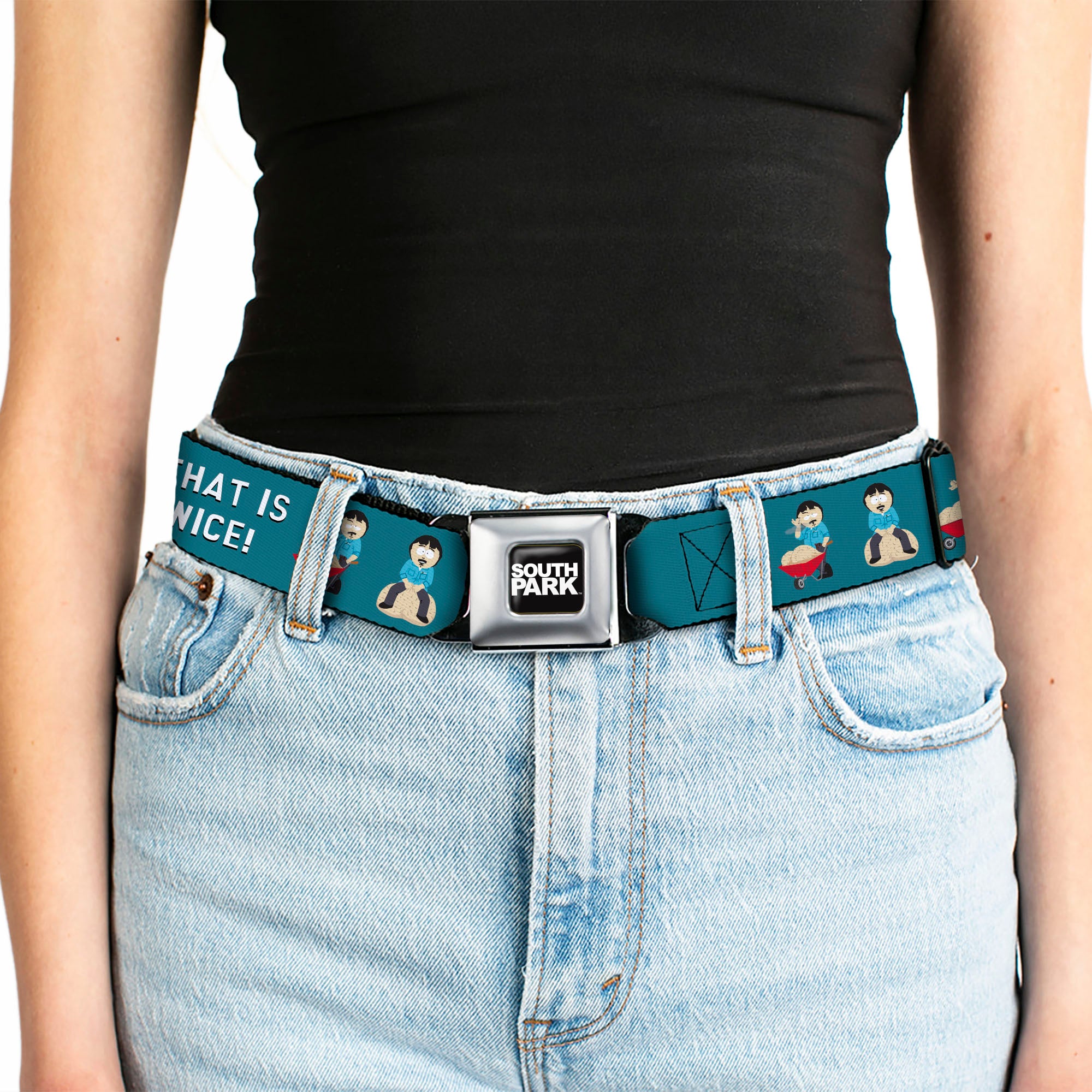 SOUTH PARK Title Logo Full Color Black/White Seatbelt Belt - South Park Randy Marsh THAT IS NICE Big Balls Poses Blue Webbing Seatbelt Belts South Park