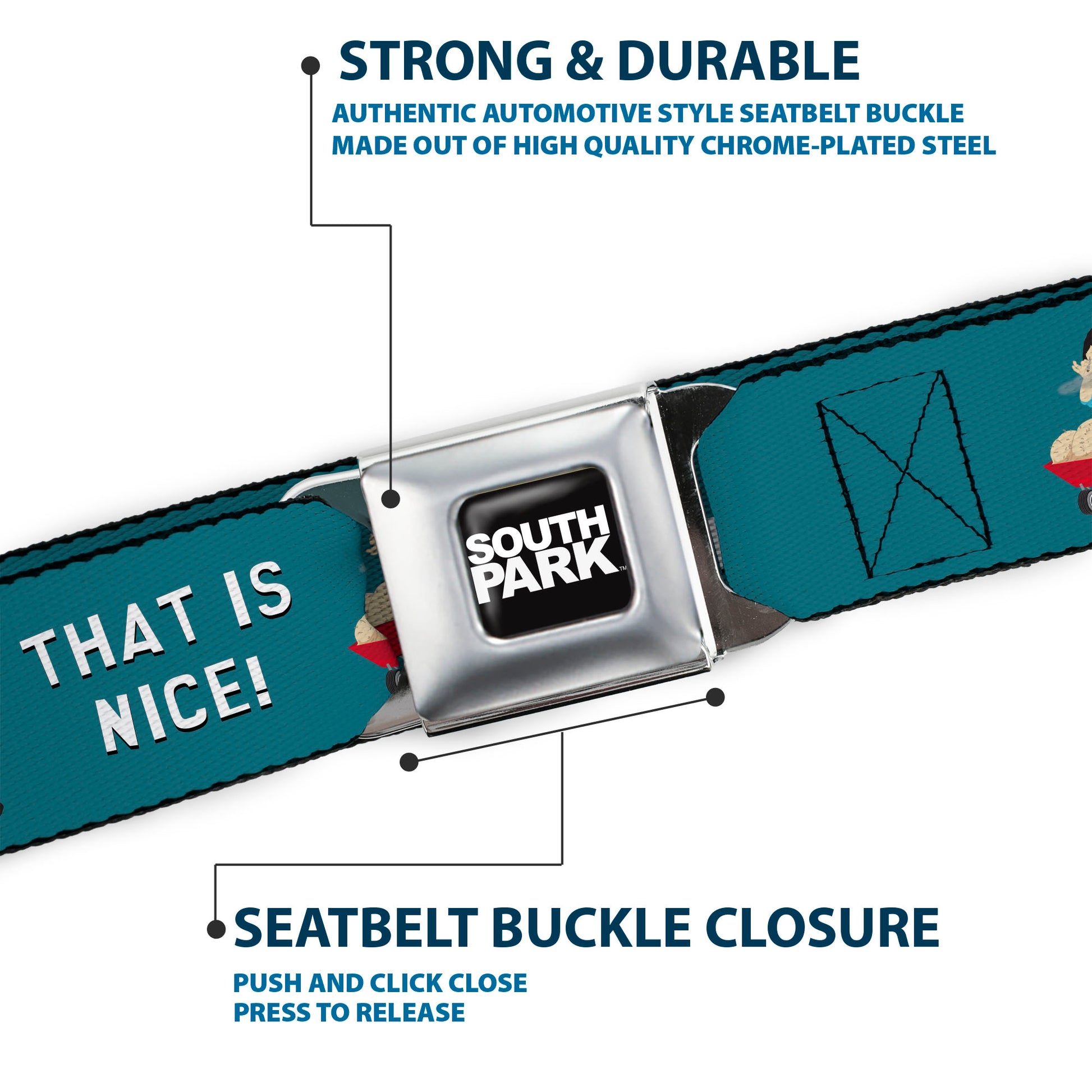 SOUTH PARK Title Logo Full Color Black/White Seatbelt Belt - South Park Randy Marsh THAT IS NICE Big Balls Poses Blue Webbing Seatbelt Belts South Park