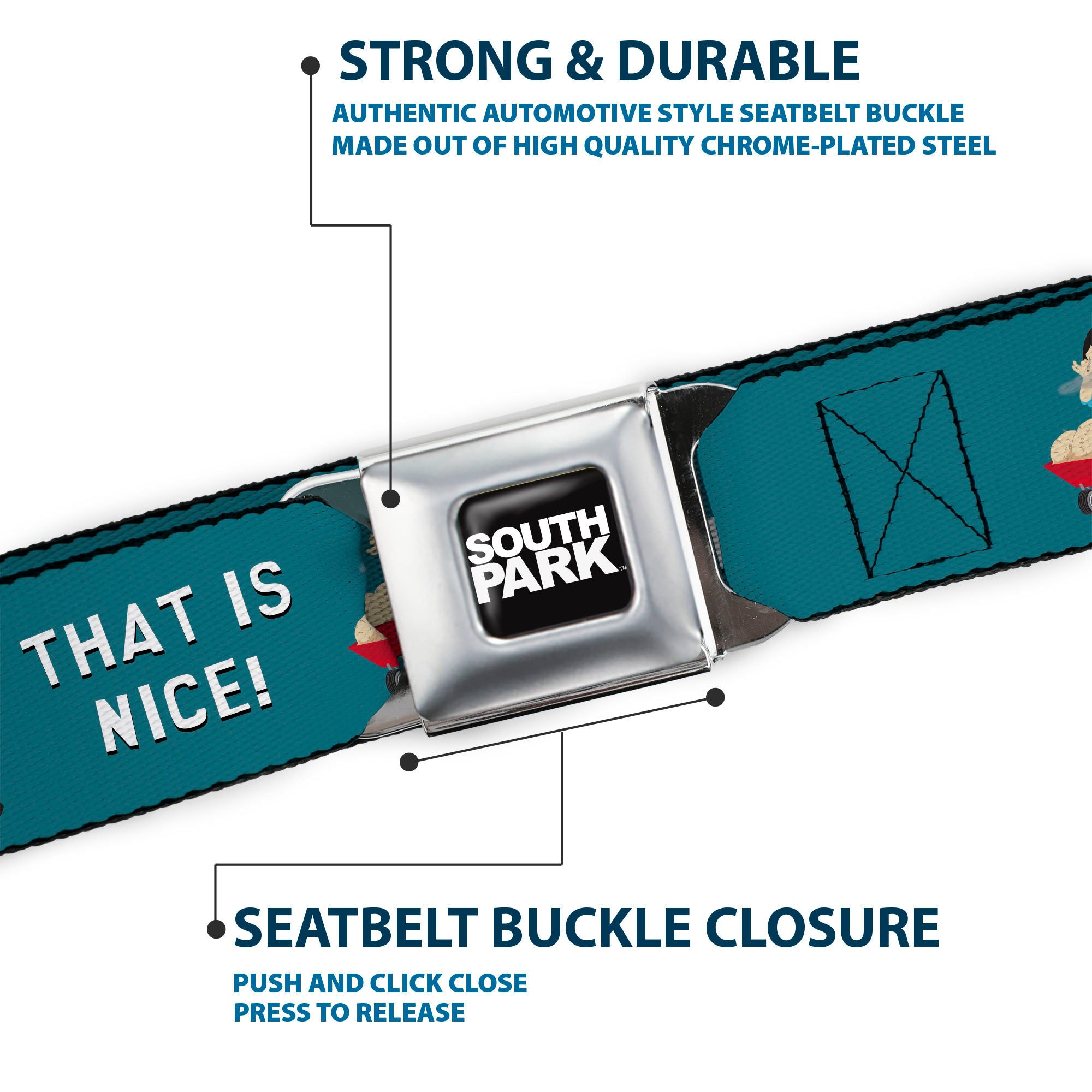 SOUTH PARK Title Logo Full Color Black/White Seatbelt Belt - South Park Randy Marsh THAT IS NICE Big Balls Poses Blue Webbing Seatbelt Belts South Park