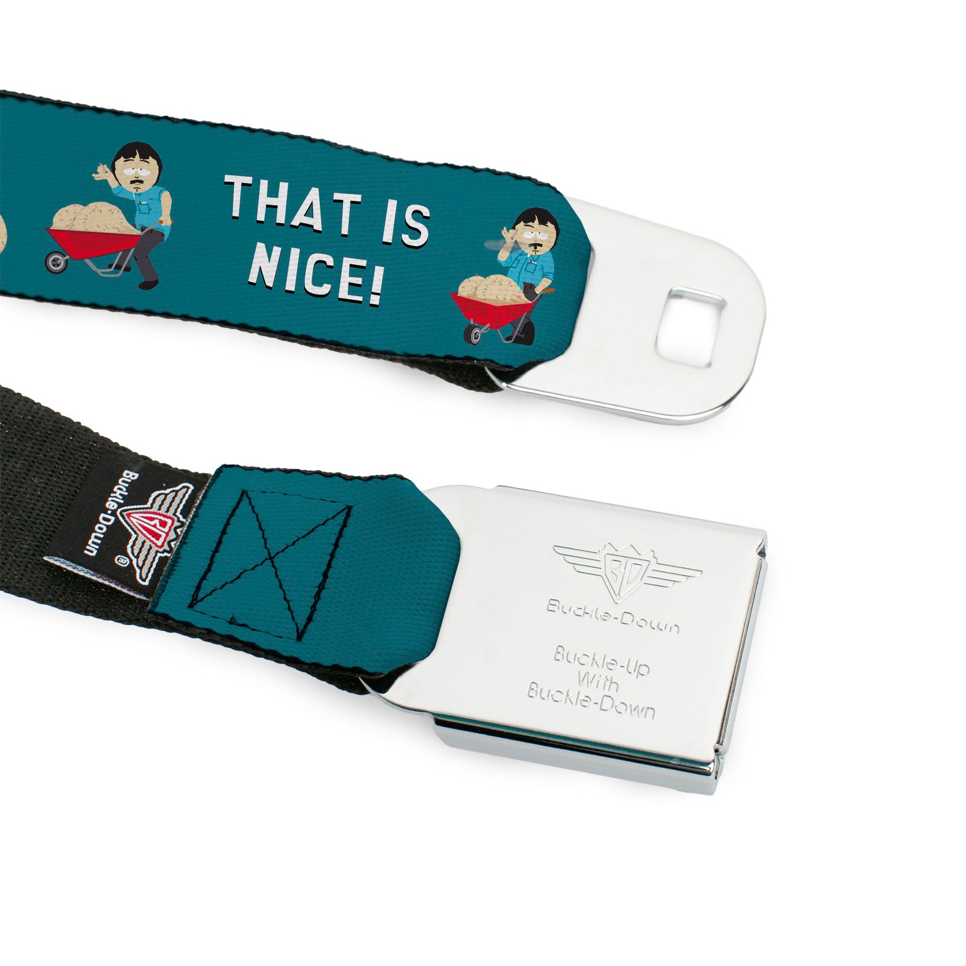 SOUTH PARK Title Logo Full Color Black/White Seatbelt Belt - South Park Randy Marsh THAT IS NICE Big Balls Poses Blue Webbing Seatbelt Belts South Park