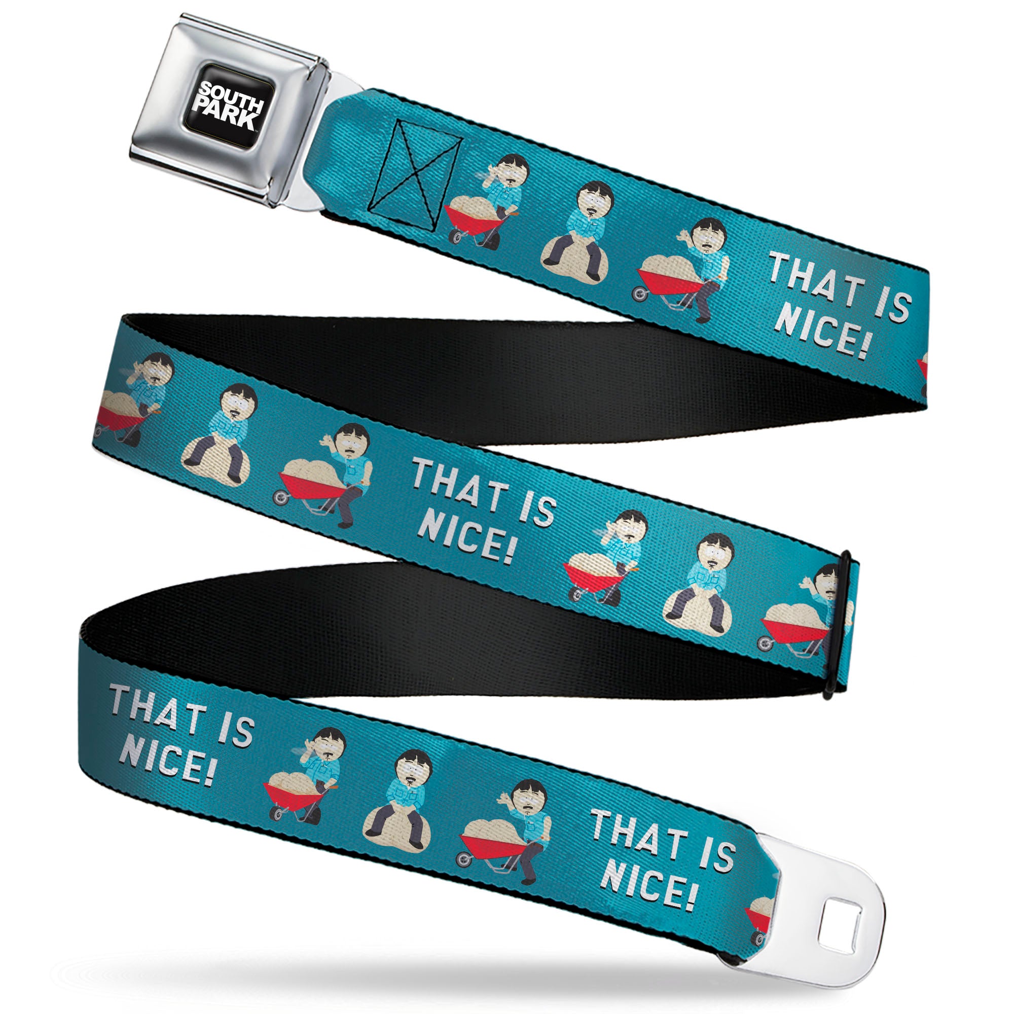 SOUTH PARK Title Logo Full Color Black/White Seatbelt Belt - South Park Randy Marsh THAT IS NICE Big Balls Poses Blue Webbing Seatbelt Belts South Park