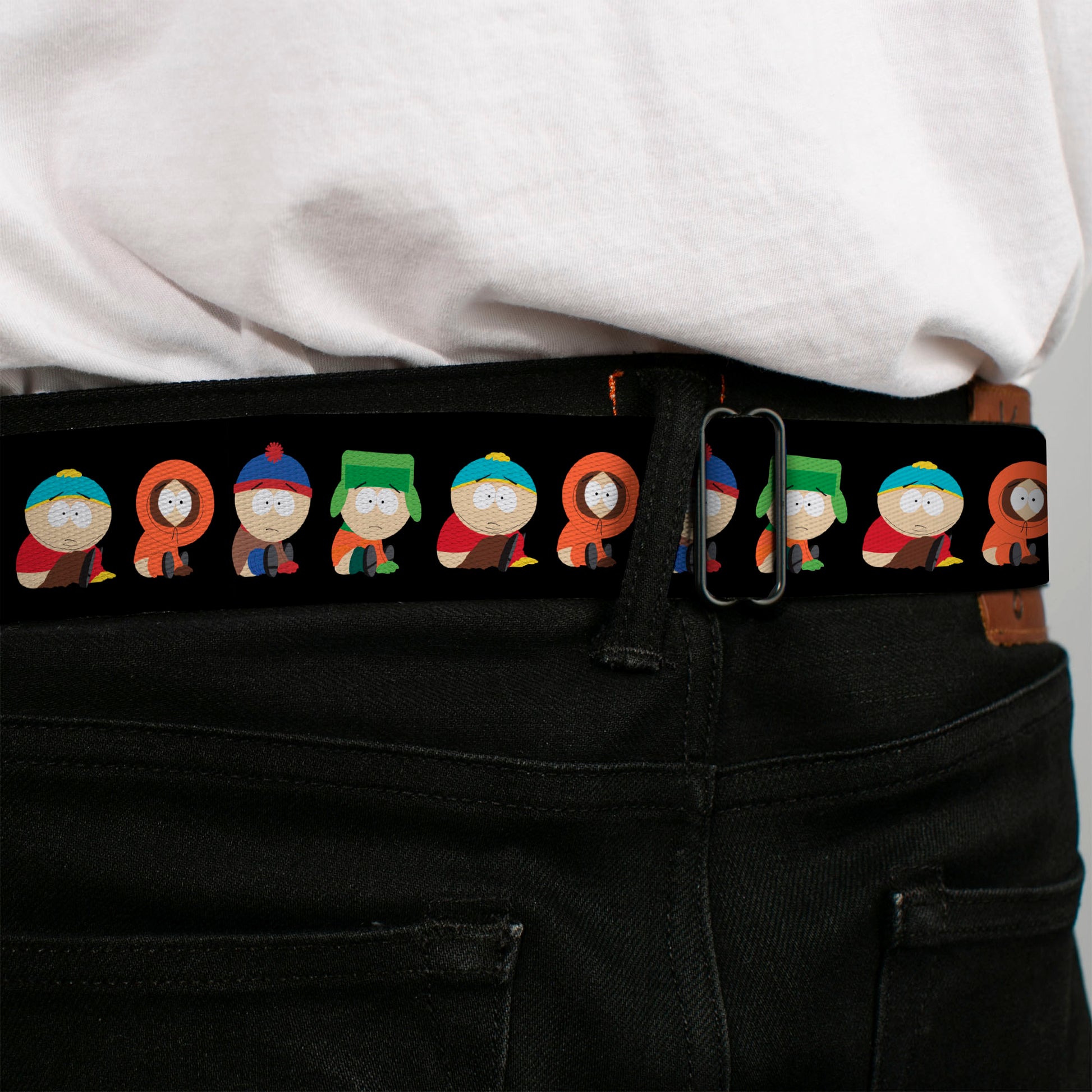 SOUTH PARK Title Logo Full Color Black/White Seatbelt Belt - South Park Boys Faith Hilling Butt Scratch Poses Black Webbing Seatbelt Belts Comedy Central