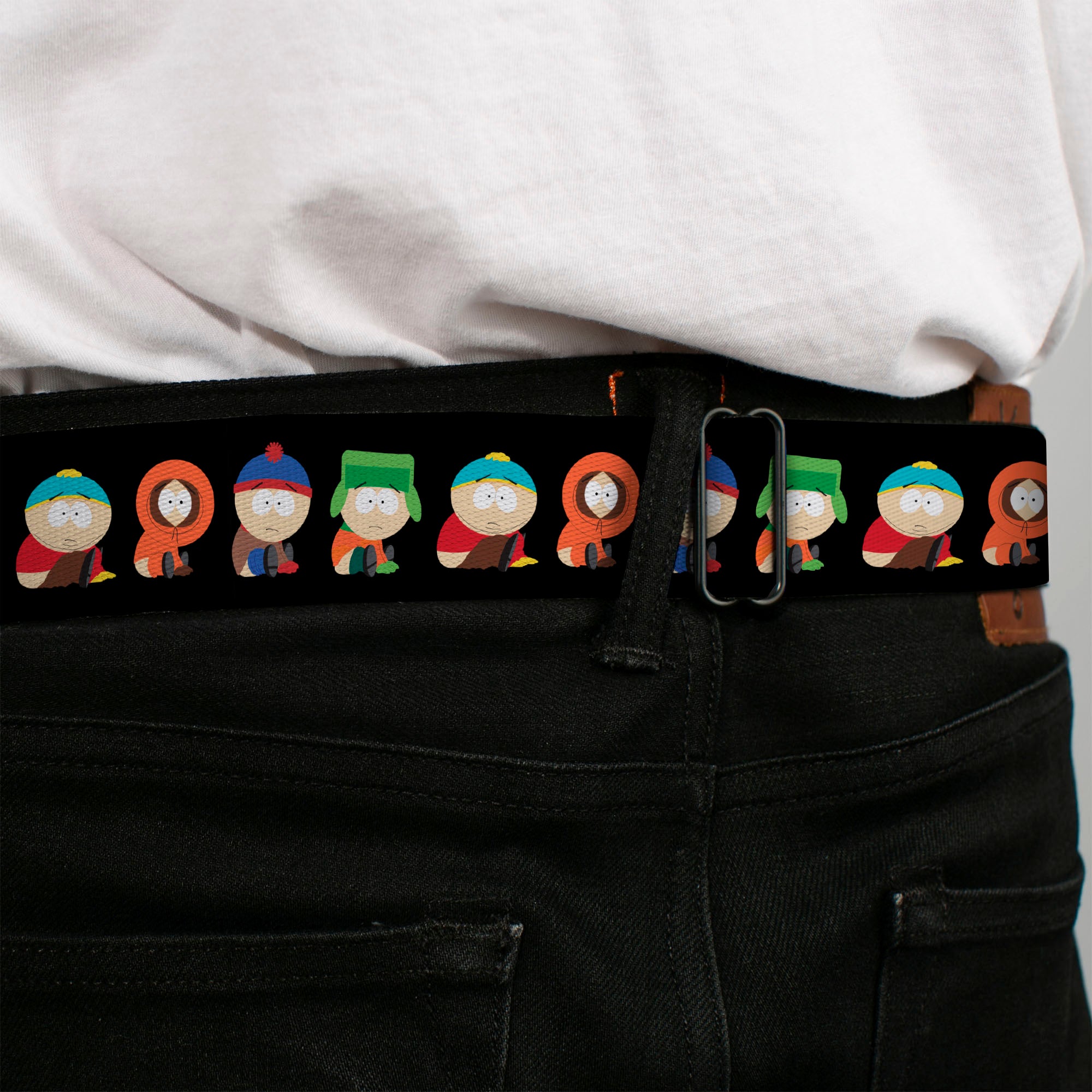 SOUTH PARK Title Logo Full Color Black/White Seatbelt Belt - South Park Boys Faith Hilling Butt Scratch Poses Black Webbing Seatbelt Belts Comedy Central