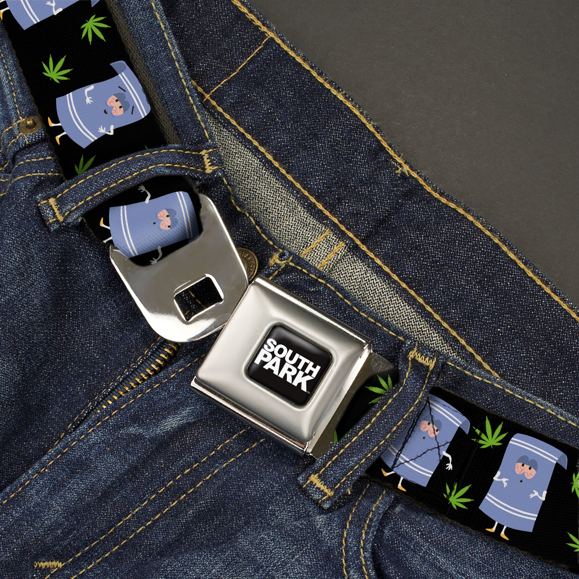 SOUTH PARK Title Logo Full Color Black/White Seatbelt Belt - South Park Towlie and Scattered Pot Leaves Black Webbing Seatbelt Belts South Park