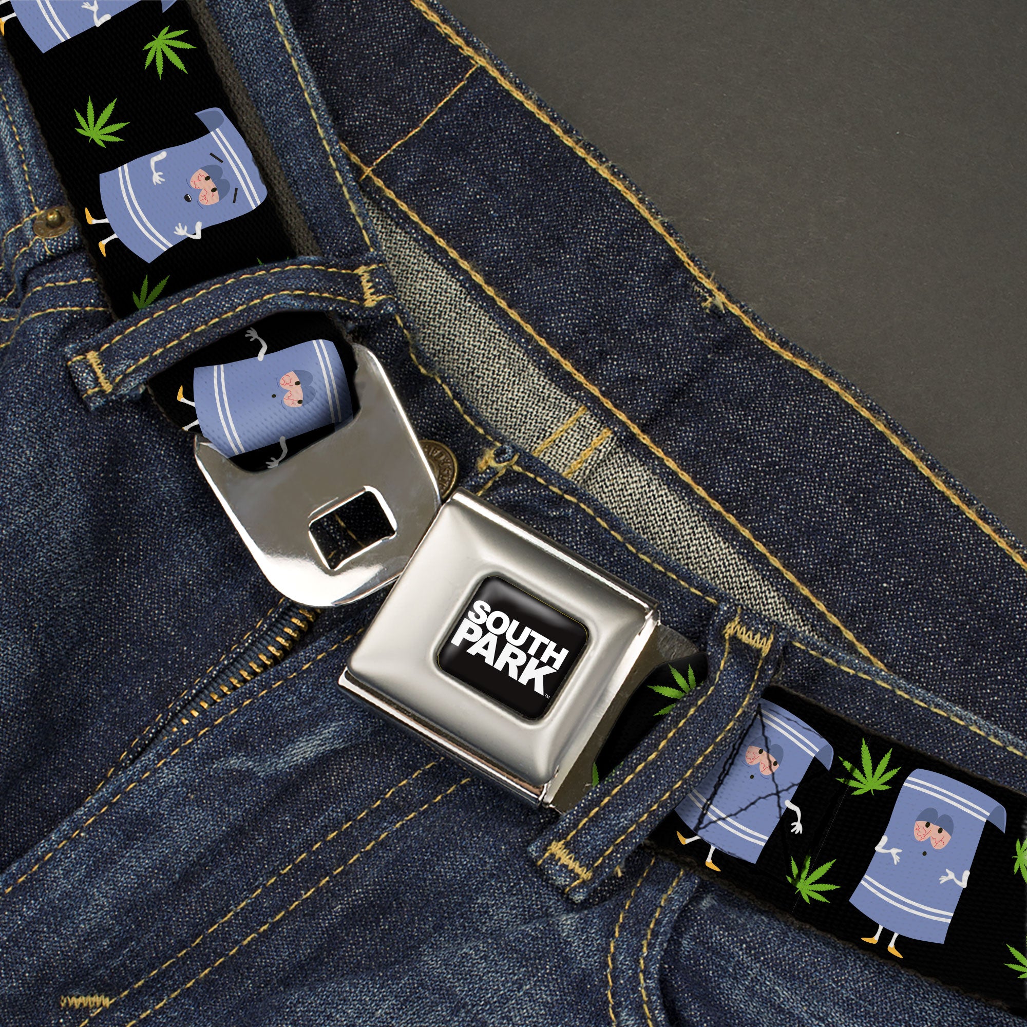 SOUTH PARK Title Logo Full Color Black/White Seatbelt Belt - South Park Towlie and Scattered Pot Leaves Black Webbing Seatbelt Belts South Park