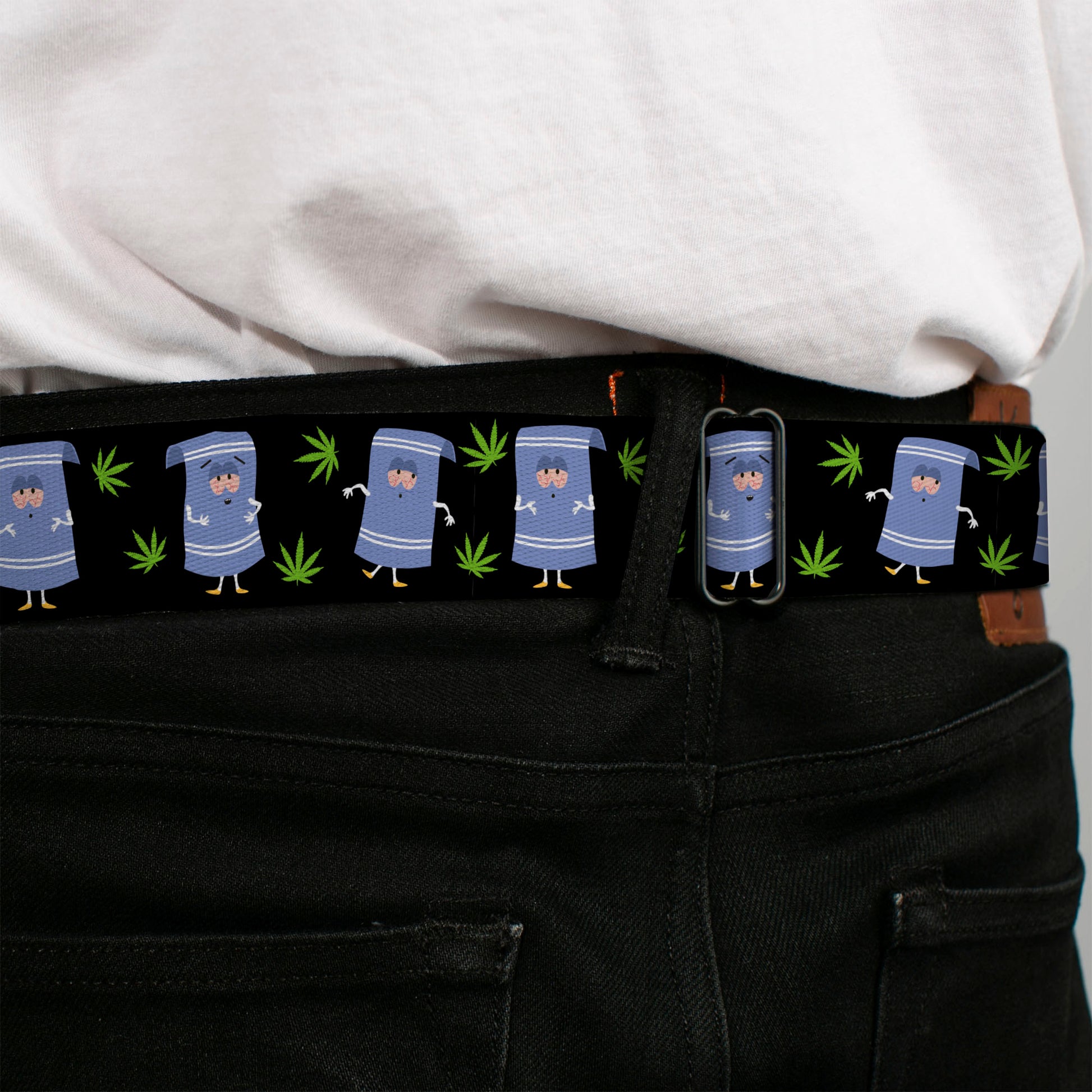 SOUTH PARK Title Logo Full Color Black/White Seatbelt Belt - South Park Towlie and Scattered Pot Leaves Black Webbing Seatbelt Belts South Park