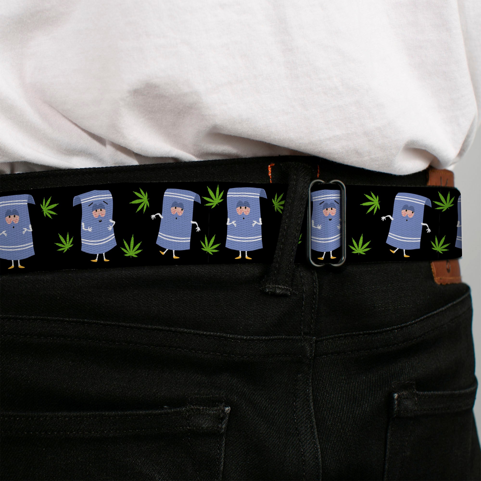 SOUTH PARK Title Logo Full Color Black/White Seatbelt Belt - South Park Towlie and Scattered Pot Leaves Black Webbing Seatbelt Belts South Park