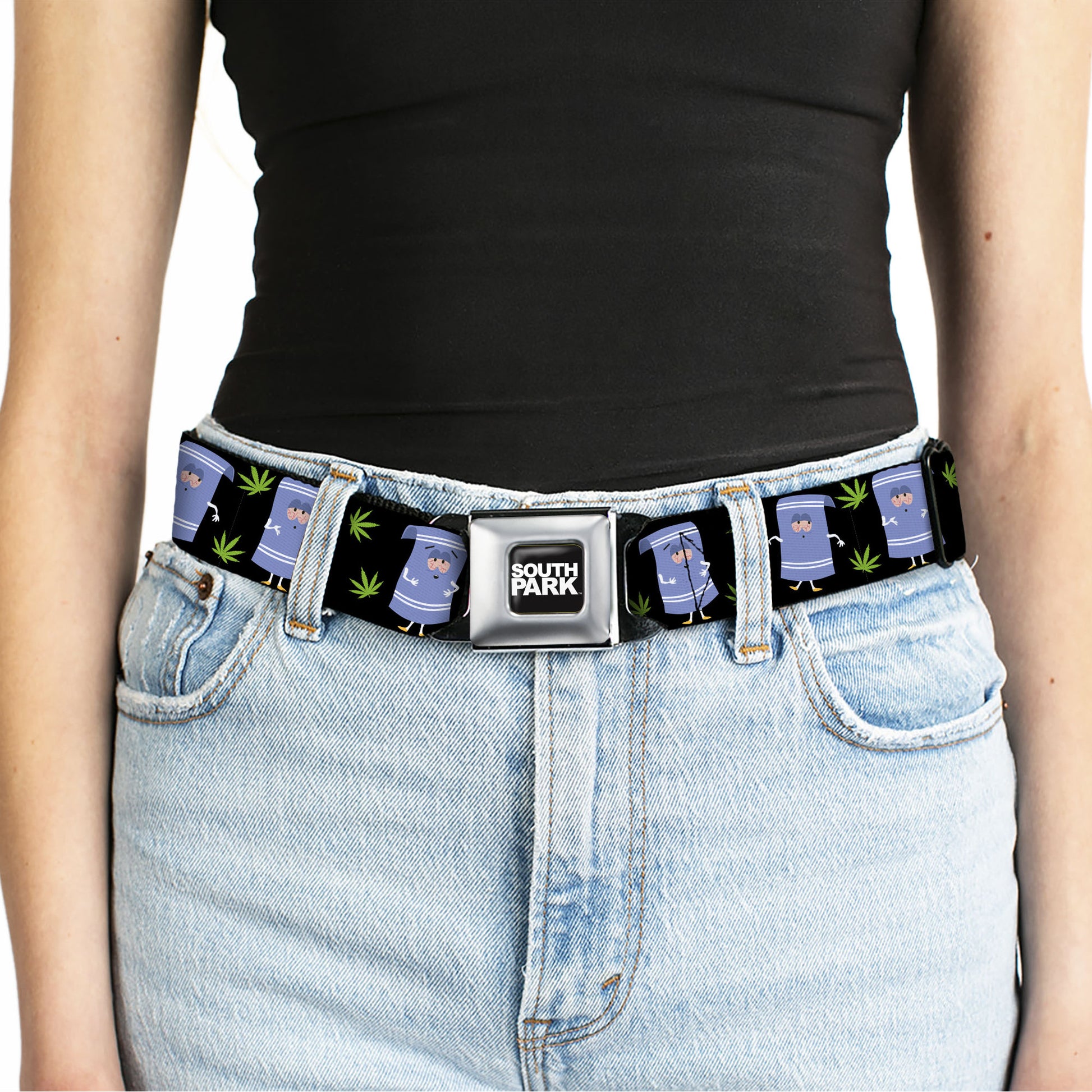 SOUTH PARK Title Logo Full Color Black/White Seatbelt Belt - South Park Towlie and Scattered Pot Leaves Black Webbing Seatbelt Belts South Park