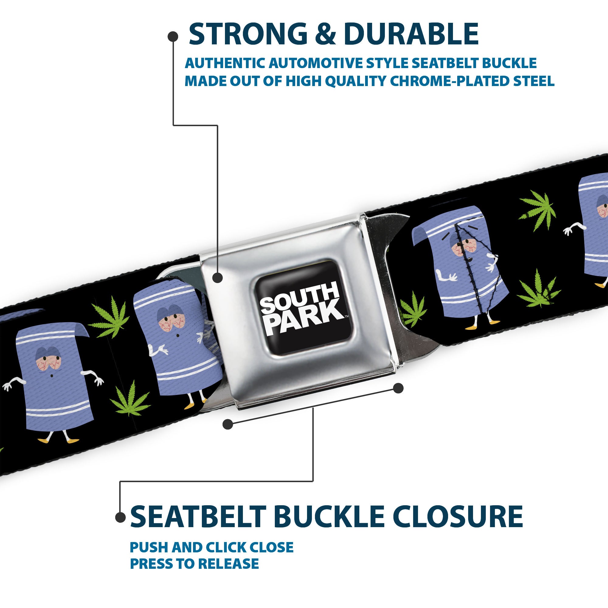 SOUTH PARK Title Logo Full Color Black/White Seatbelt Belt - South Park Towlie and Scattered Pot Leaves Black Webbing Seatbelt Belts South Park