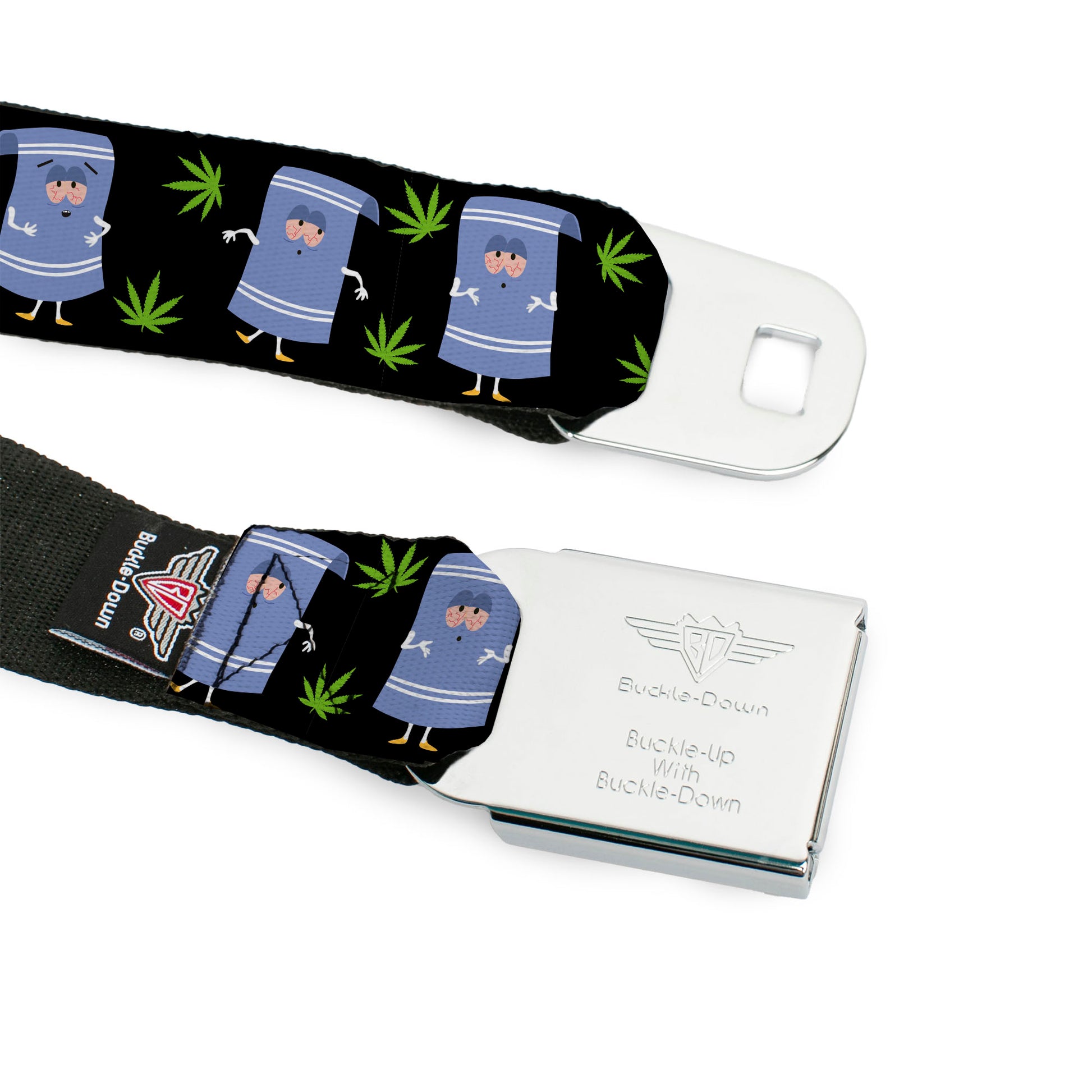 SOUTH PARK Title Logo Full Color Black/White Seatbelt Belt - South Park Towlie and Scattered Pot Leaves Black Webbing Seatbelt Belts South Park