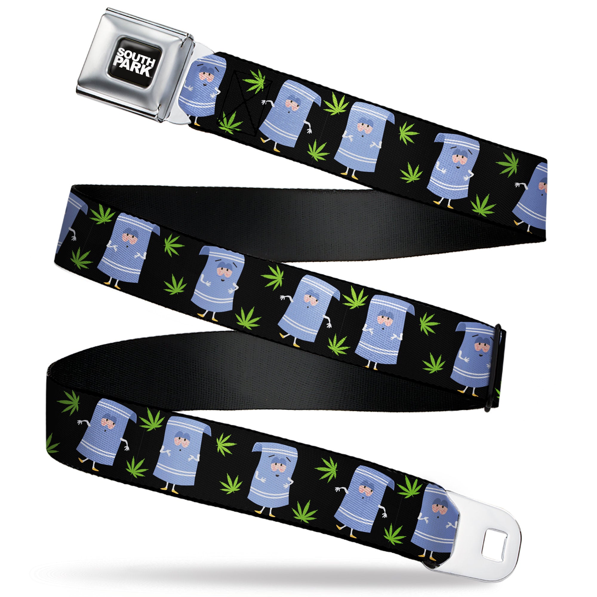 SOUTH PARK Title Logo Full Color Black/White Seatbelt Belt - South Park Towlie and Scattered Pot Leaves Black Webbing Seatbelt Belts South Park