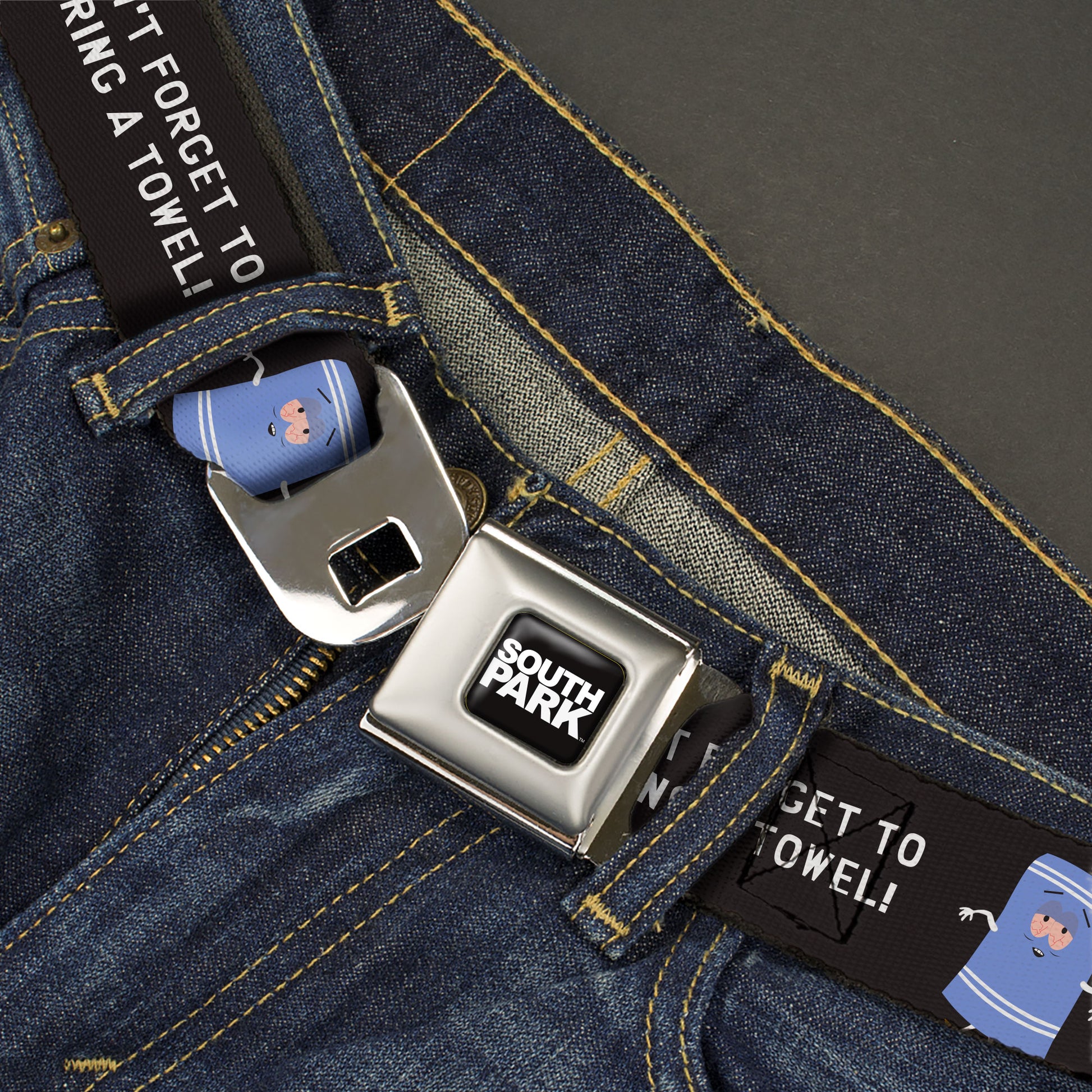 SOUTH PARK Title Logo Full Color Black/White Seatbelt Belt - South Park Towlie DON’T FORGET TO BRING A TOWEL Pose Black Webbing Seatbelt Belts South Park