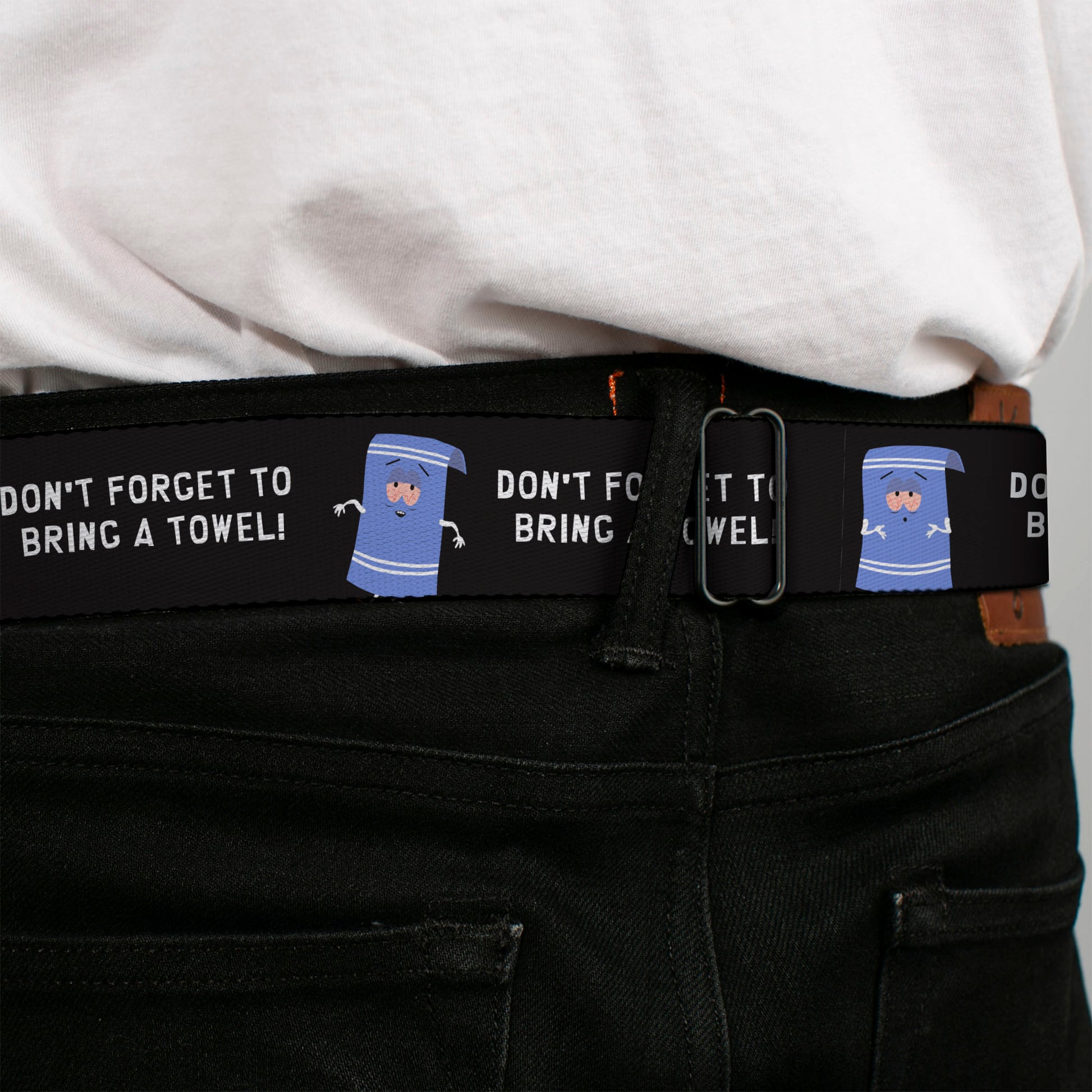 SOUTH PARK Title Logo Full Color Black/White Seatbelt Belt - South Park Towlie DON’T FORGET TO BRING A TOWEL Pose Black Webbing Seatbelt Belts South Park