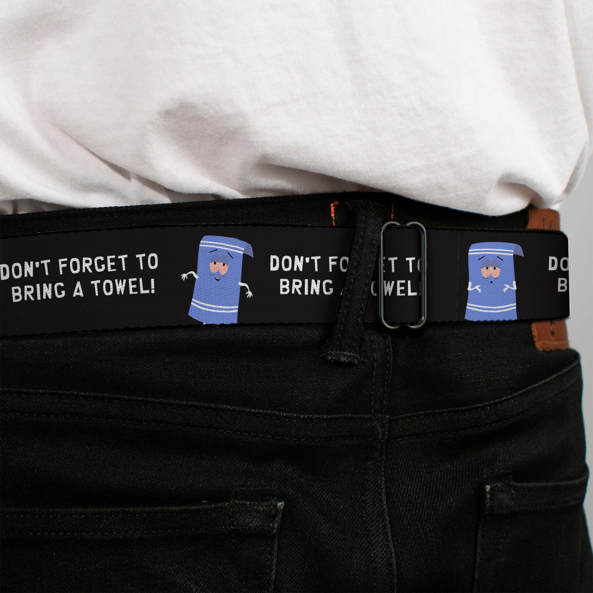 SOUTH PARK Title Logo Full Color Black/White Seatbelt Belt - South Park Towlie DON’T FORGET TO BRING A TOWEL Pose Black Webbing Seatbelt Belts South Park