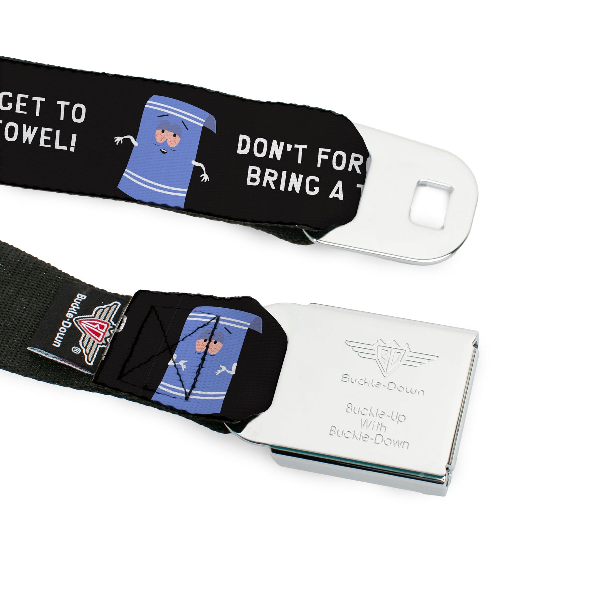 SOUTH PARK Title Logo Full Color Black/White Seatbelt Belt - South Park Towlie DON’T FORGET TO BRING A TOWEL Pose Black Webbing Seatbelt Belts South Park