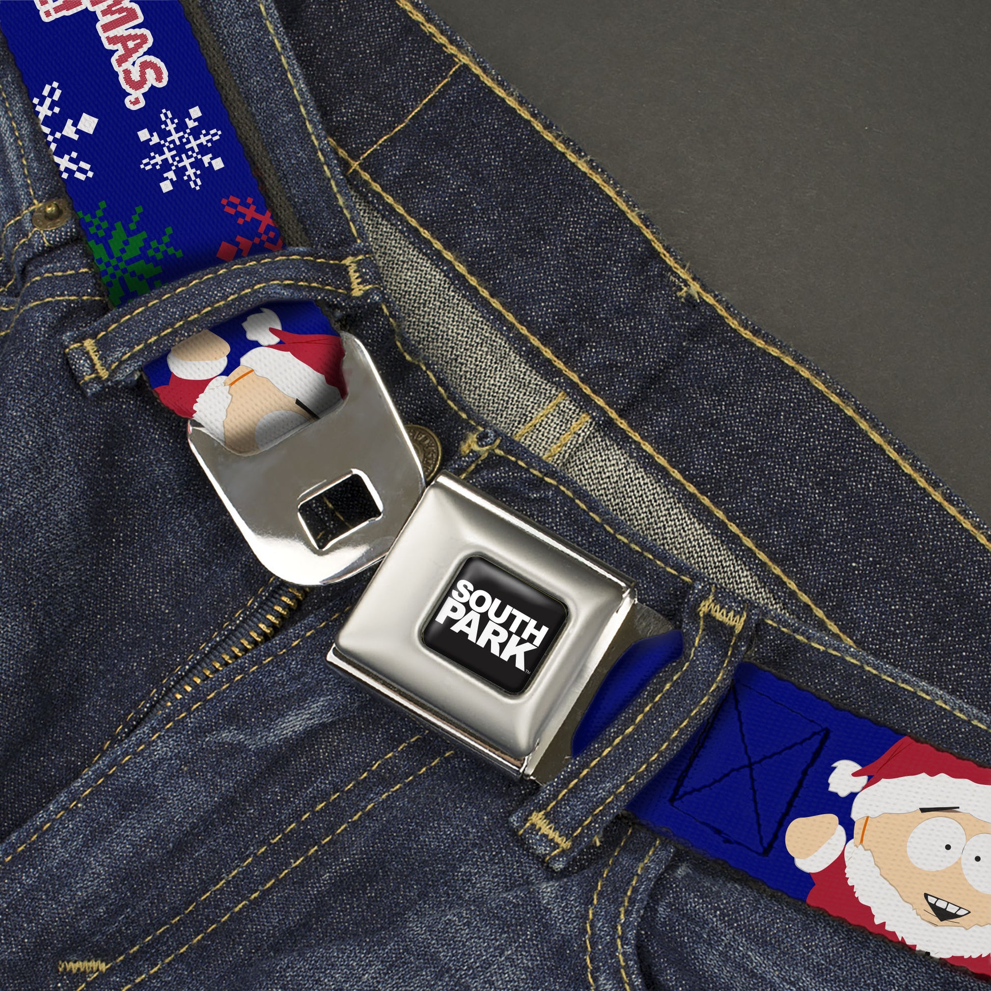 SOUTH PARK Title Logo Full Color Black/White Seatbelt Belt - South Park Cartman Holiday Quote Sweater Stitch Pose Blue Webbing Seatbelt Belts South Park