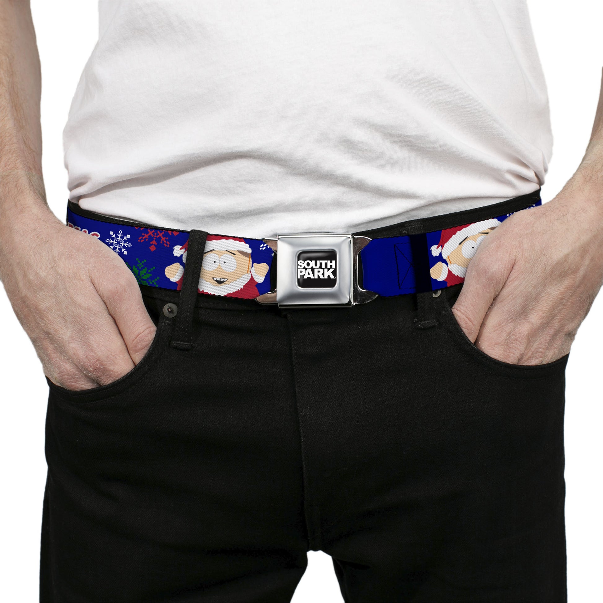SOUTH PARK Title Logo Full Color Black/White Seatbelt Belt - South Park Cartman Holiday Quote Sweater Stitch Pose Blue Webbing Seatbelt Belts South Park