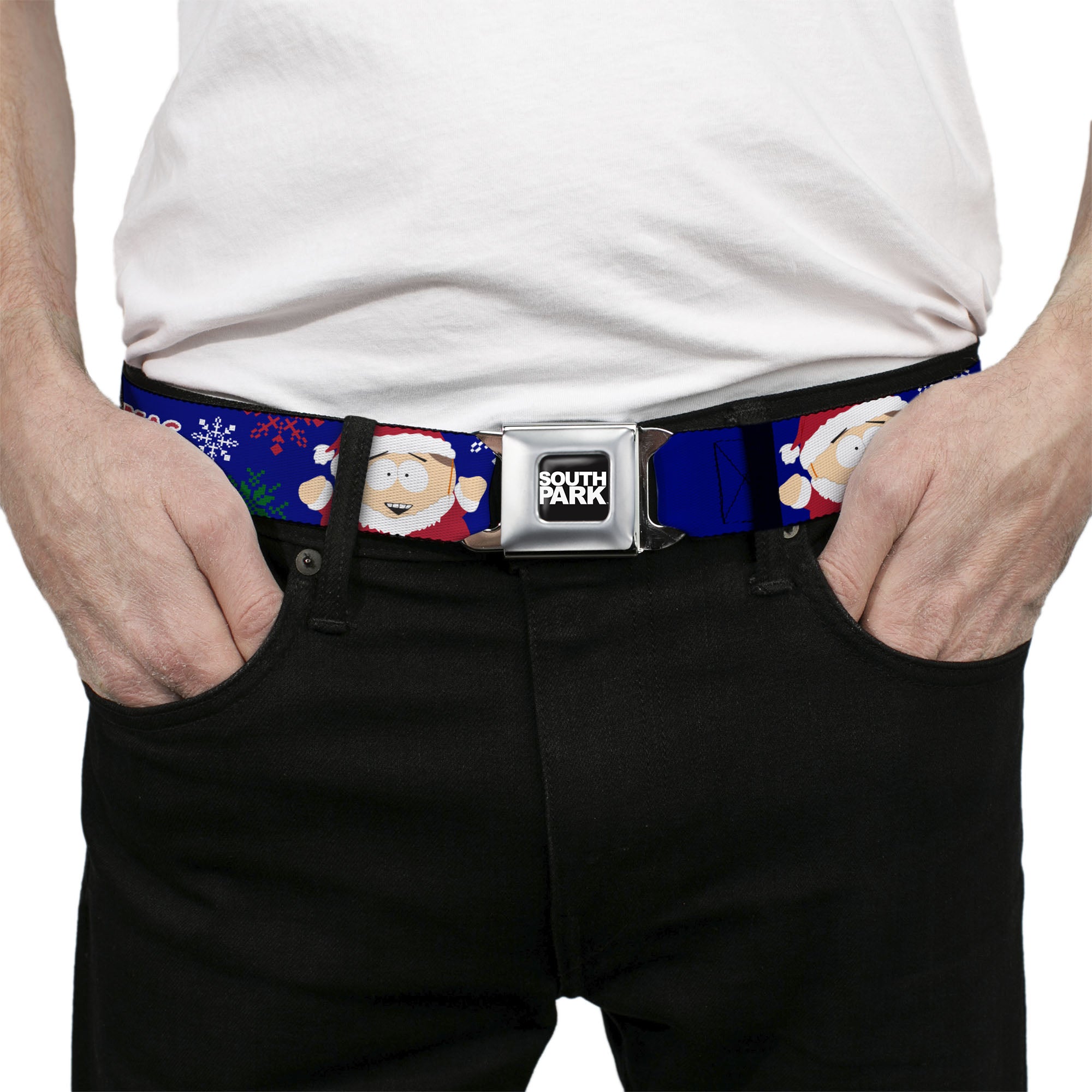 SOUTH PARK Title Logo Full Color Black/White Seatbelt Belt - South Park Cartman Holiday Quote Sweater Stitch Pose Blue Webbing Seatbelt Belts South Park