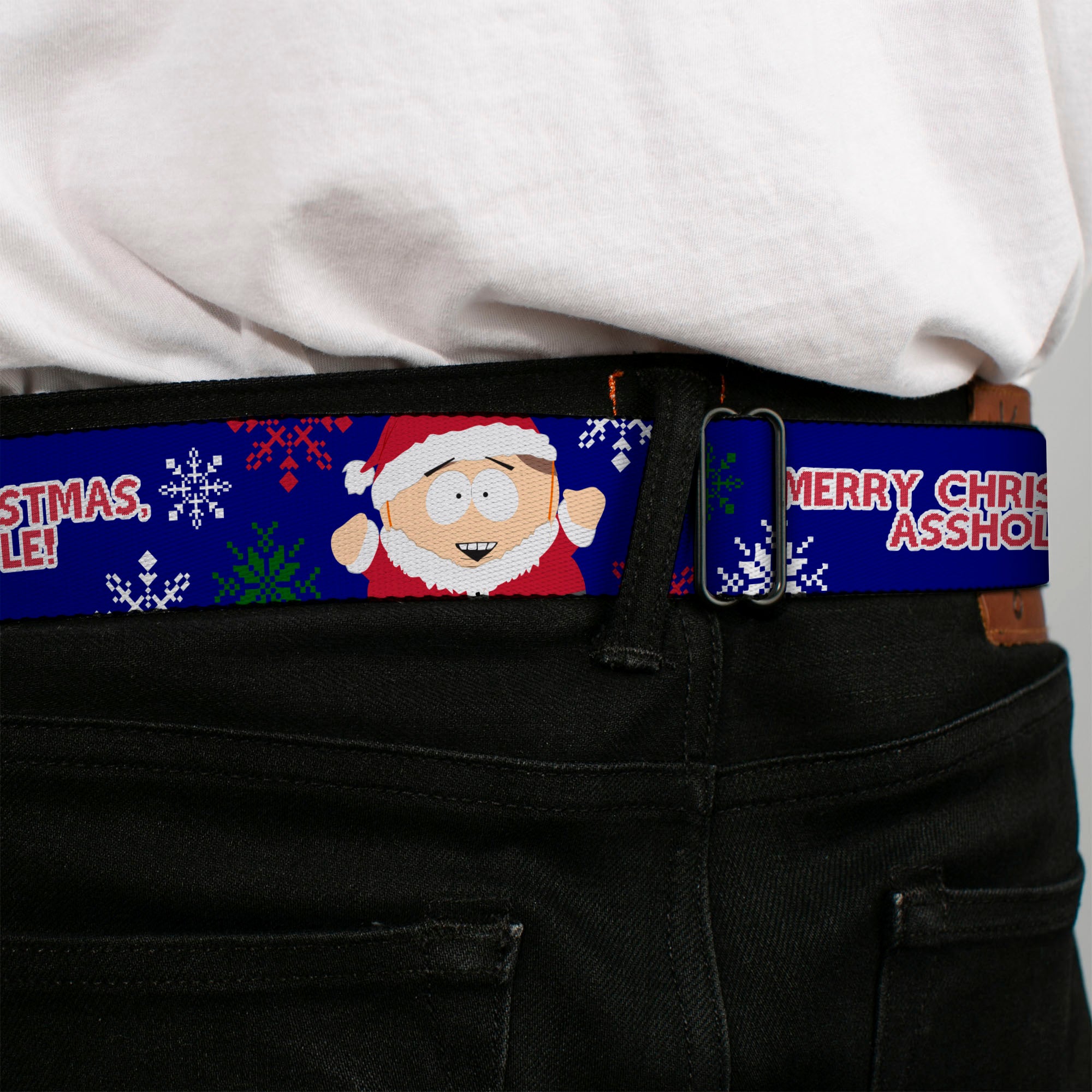 SOUTH PARK Title Logo Full Color Black/White Seatbelt Belt - South Park Cartman Holiday Quote Sweater Stitch Pose Blue Webbing Seatbelt Belts South Park