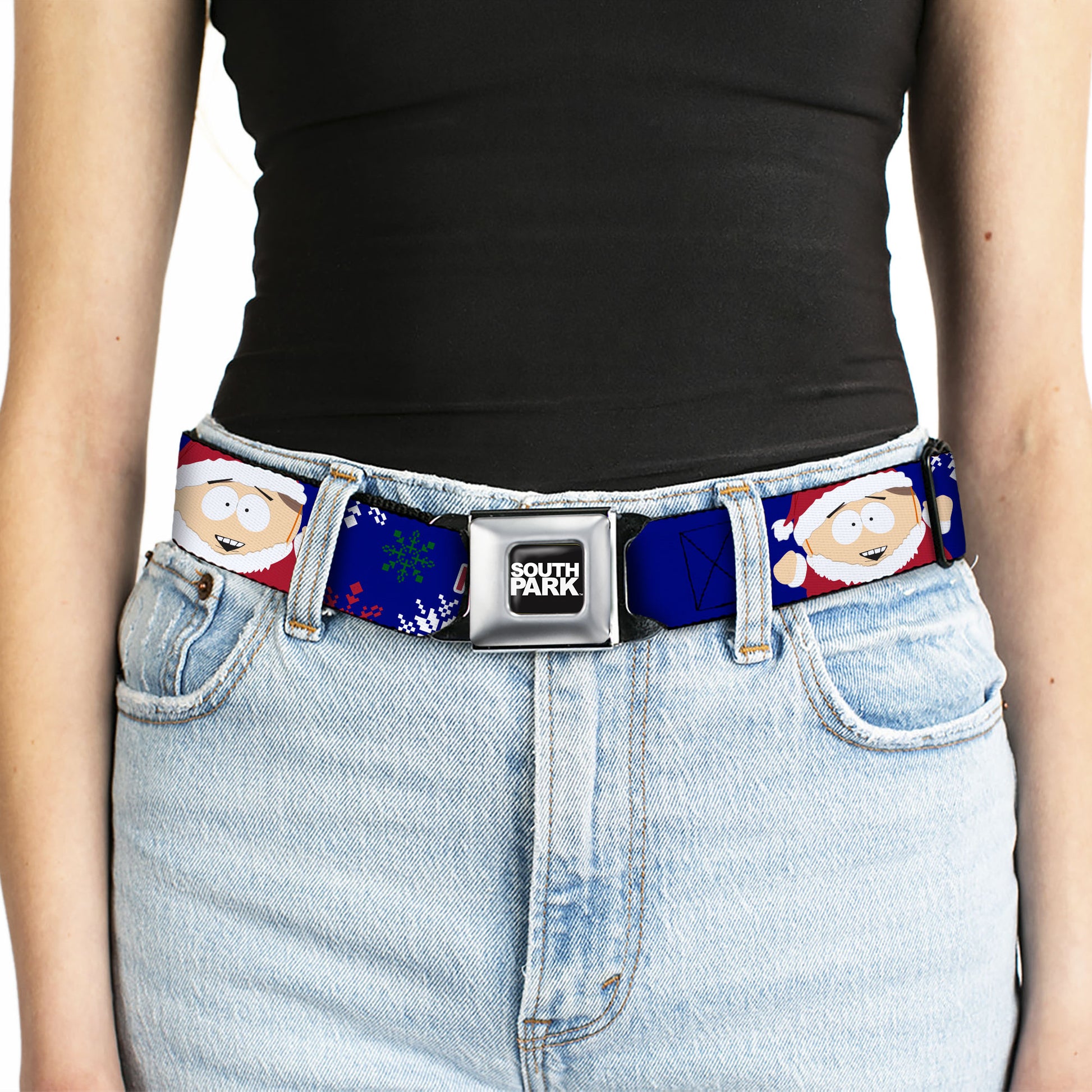 SOUTH PARK Title Logo Full Color Black/White Seatbelt Belt - South Park Cartman Holiday Quote Sweater Stitch Pose Blue Webbing Seatbelt Belts South Park