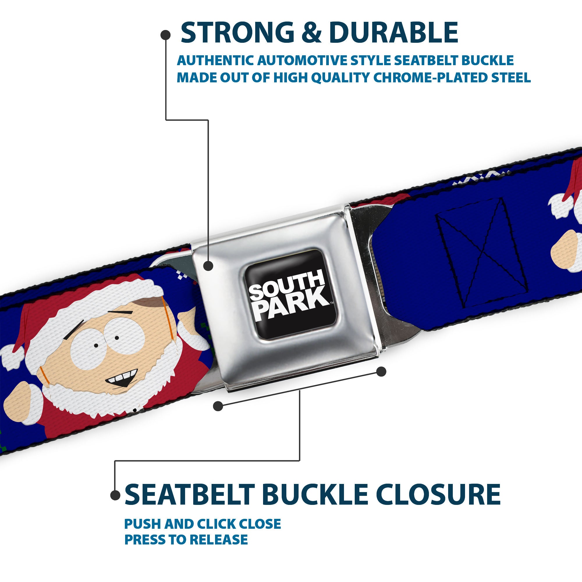 SOUTH PARK Title Logo Full Color Black/White Seatbelt Belt - South Park Cartman Holiday Quote Sweater Stitch Pose Blue Webbing Seatbelt Belts South Park