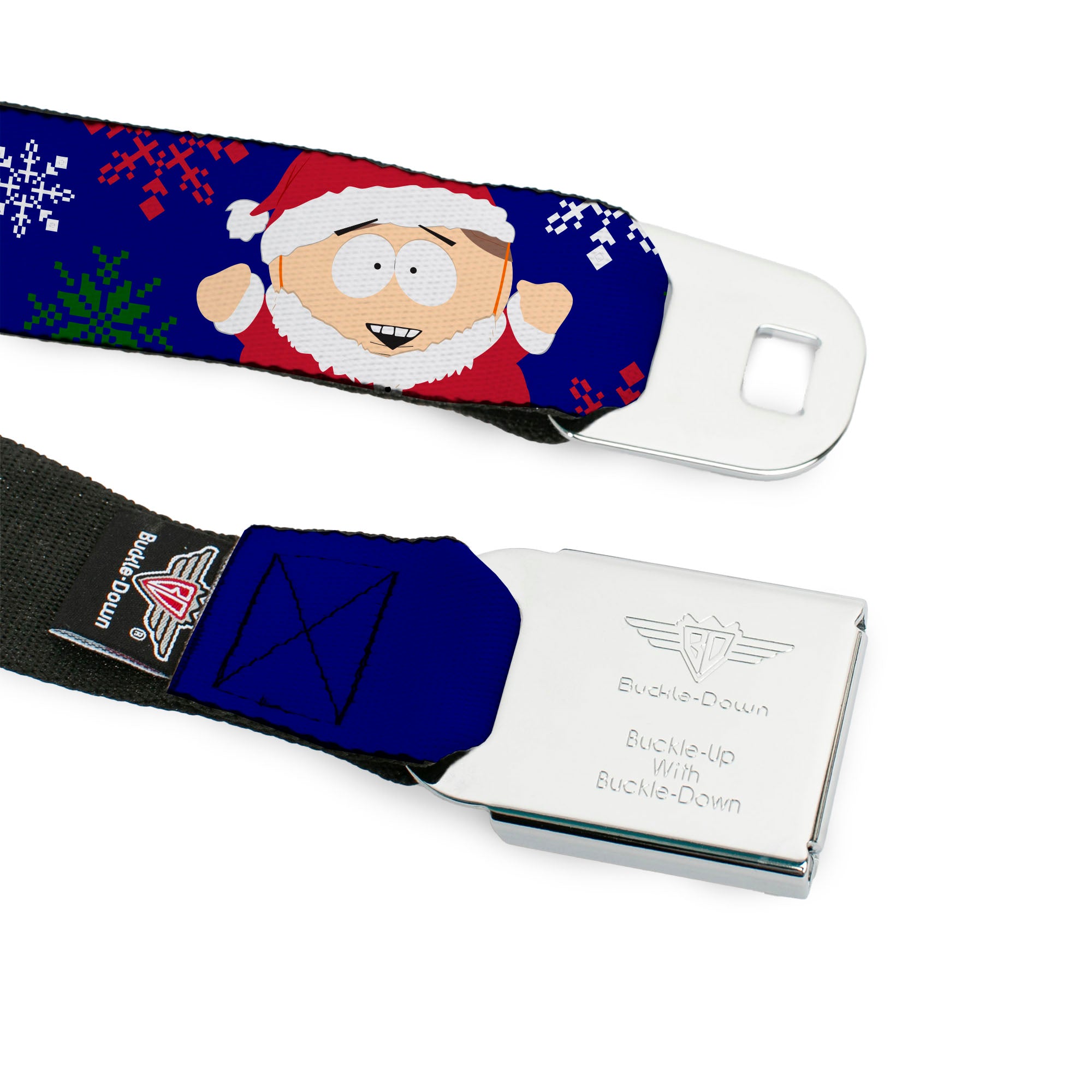 SOUTH PARK Title Logo Full Color Black/White Seatbelt Belt - South Park Cartman Holiday Quote Sweater Stitch Pose Blue Webbing Seatbelt Belts South Park