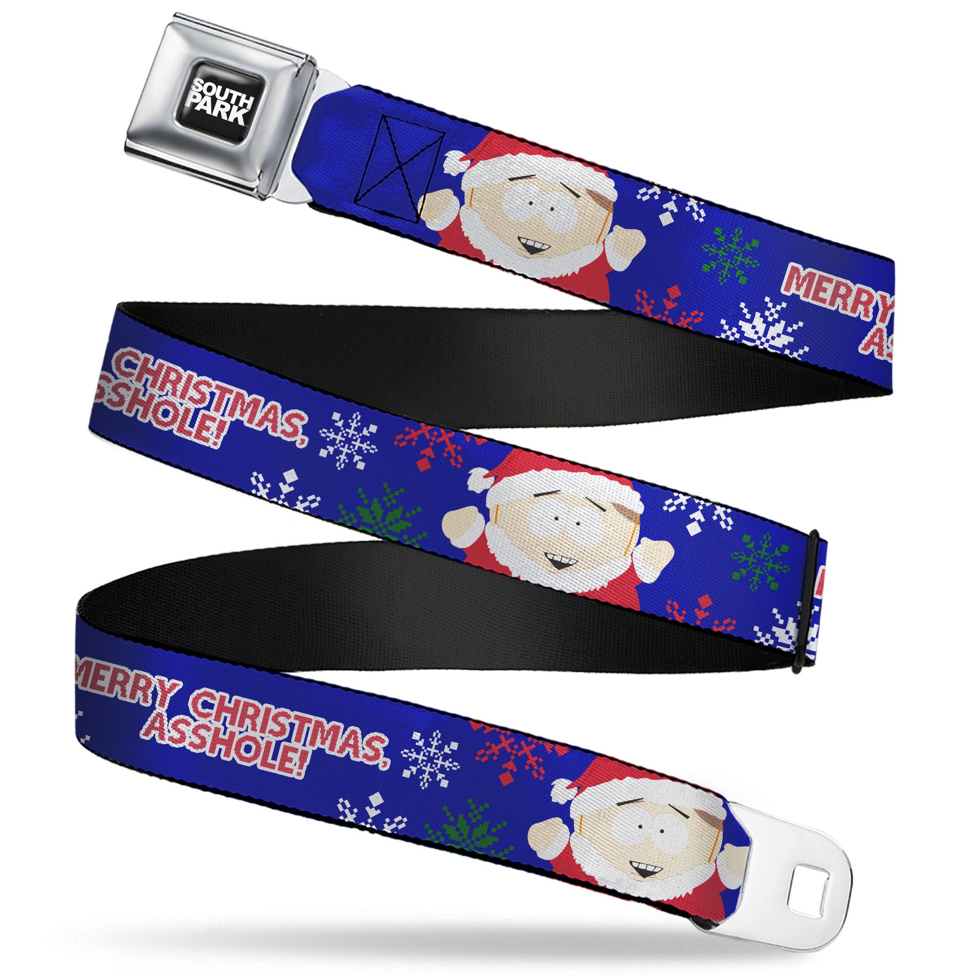 SOUTH PARK Title Logo Full Color Black/White Seatbelt Belt - South Park Cartman Holiday Quote Sweater Stitch Pose Blue Webbing Seatbelt Belts South Park