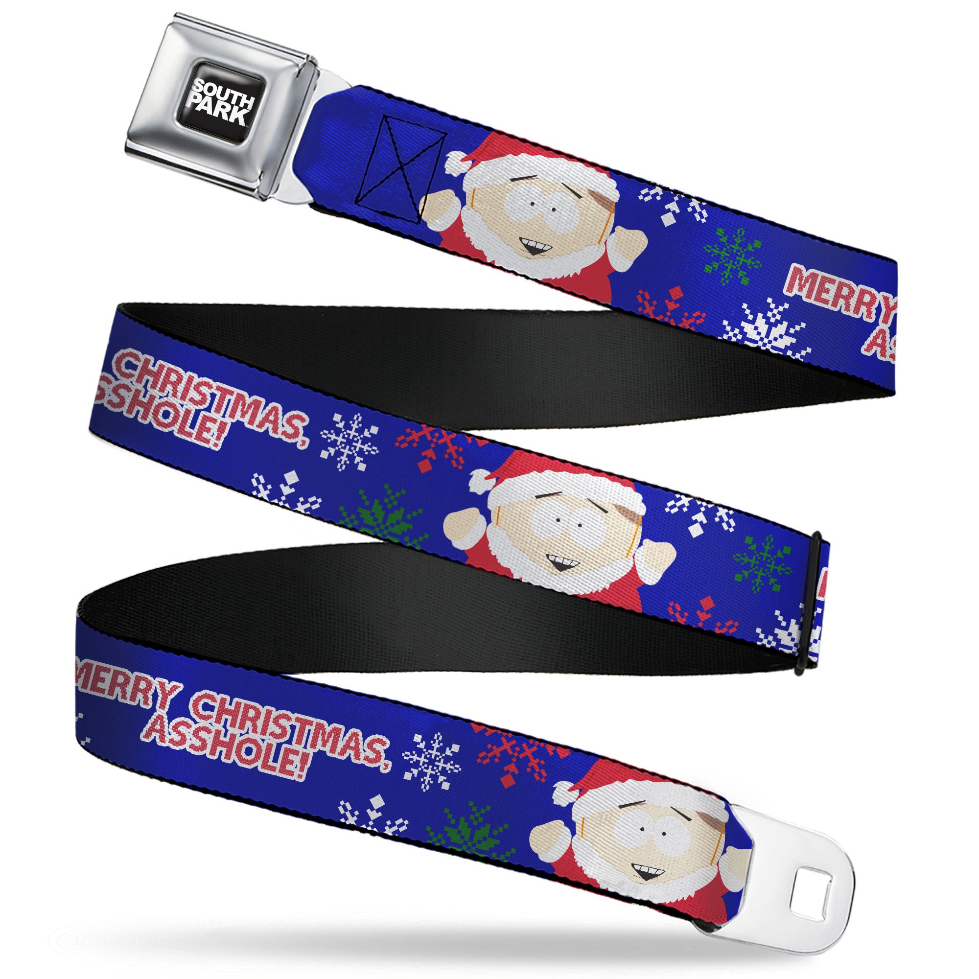 SOUTH PARK Title Logo Full Color Black/White Seatbelt Belt - South Park Cartman Holiday Quote Sweater Stitch Pose Blue Webbing Seatbelt Belts South Park