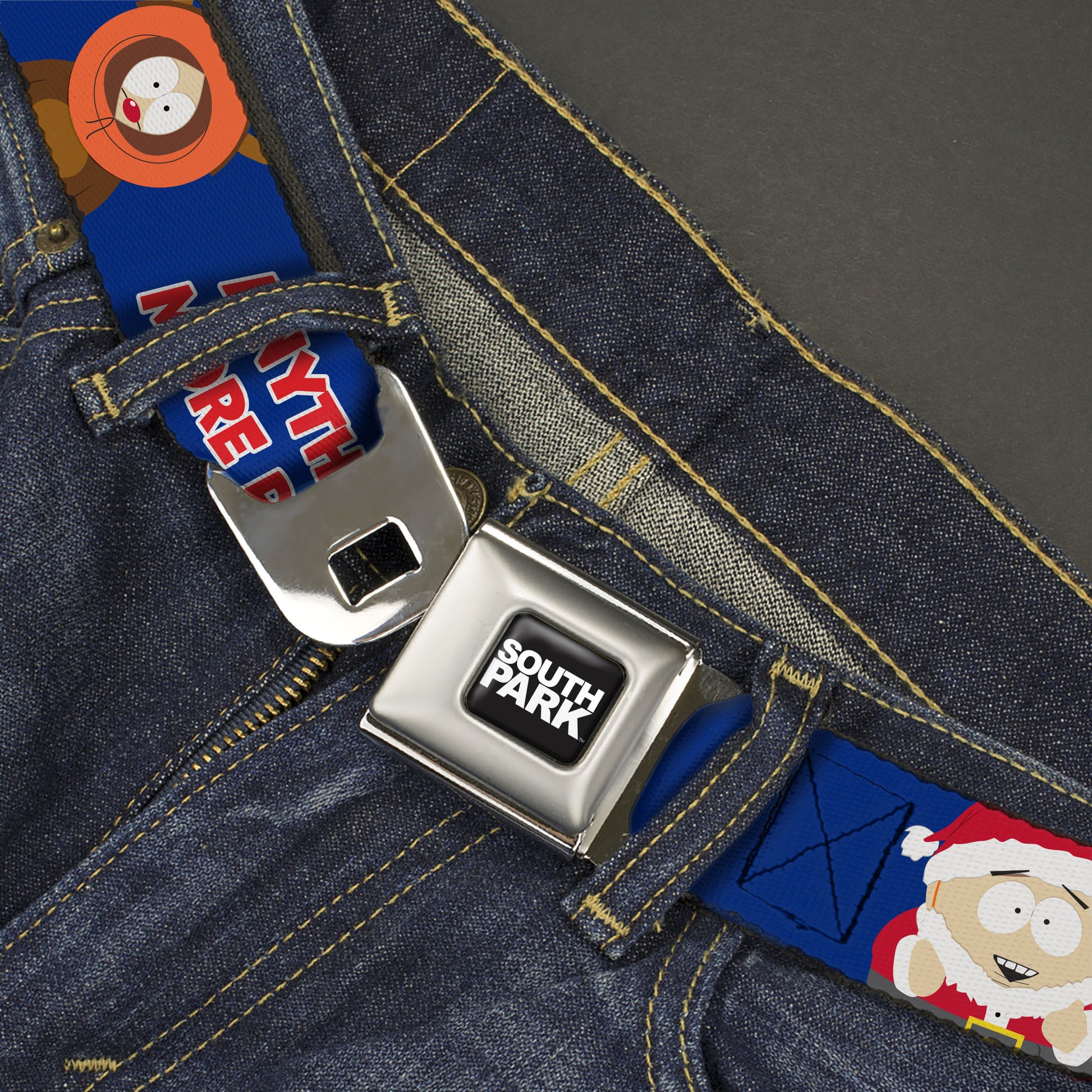 SOUTH PARK Title Logo Full Color Black/White Seatbelt Belt - South Park Boys ANYTHING FOR MORE PRESENTS Pose Blue Webbing Seatbelt Belts South Park