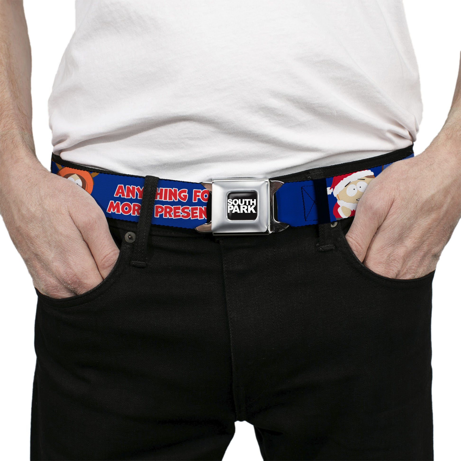 SOUTH PARK Title Logo Full Color Black/White Seatbelt Belt - South Park Boys ANYTHING FOR MORE PRESENTS Pose Blue Webbing Seatbelt Belts South Park