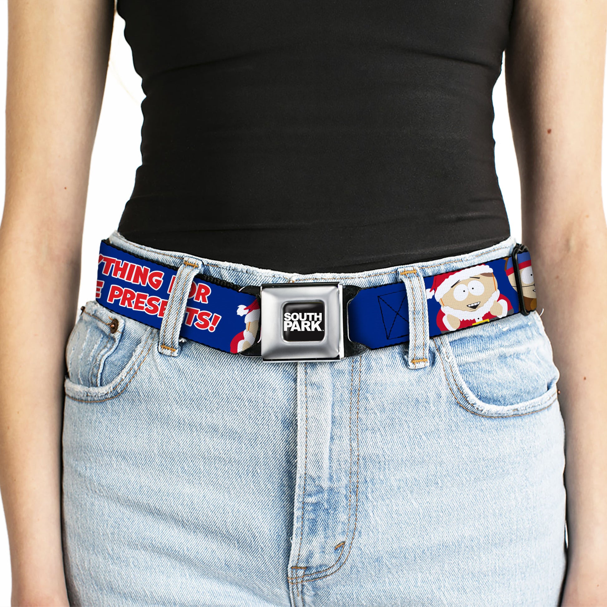 SOUTH PARK Title Logo Full Color Black/White Seatbelt Belt - South Park Boys ANYTHING FOR MORE PRESENTS Pose Blue Webbing Seatbelt Belts South Park