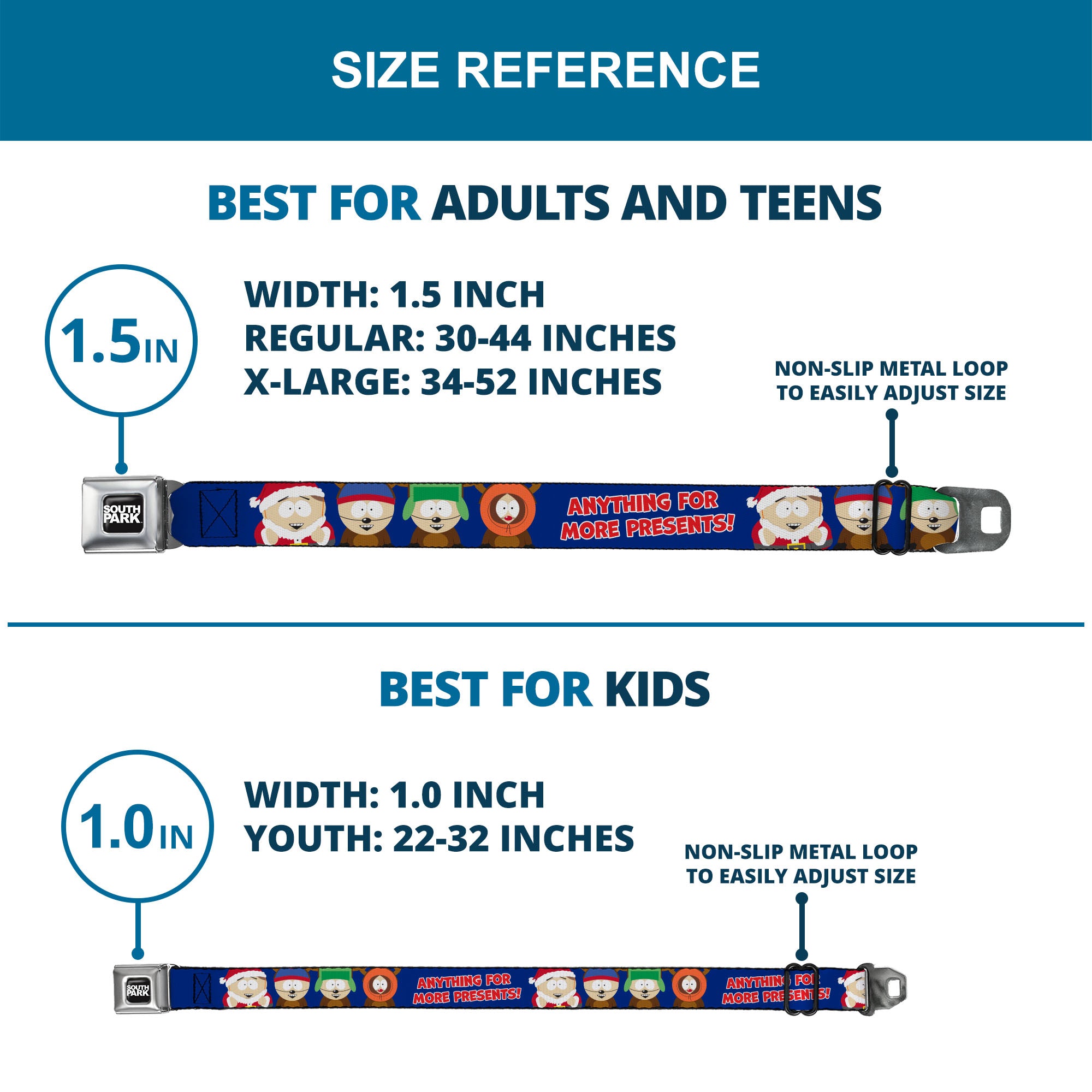 SOUTH PARK Title Logo Full Color Black/White Seatbelt Belt - South Park Boys ANYTHING FOR MORE PRESENTS Pose Blue Webbing Seatbelt Belts South Park