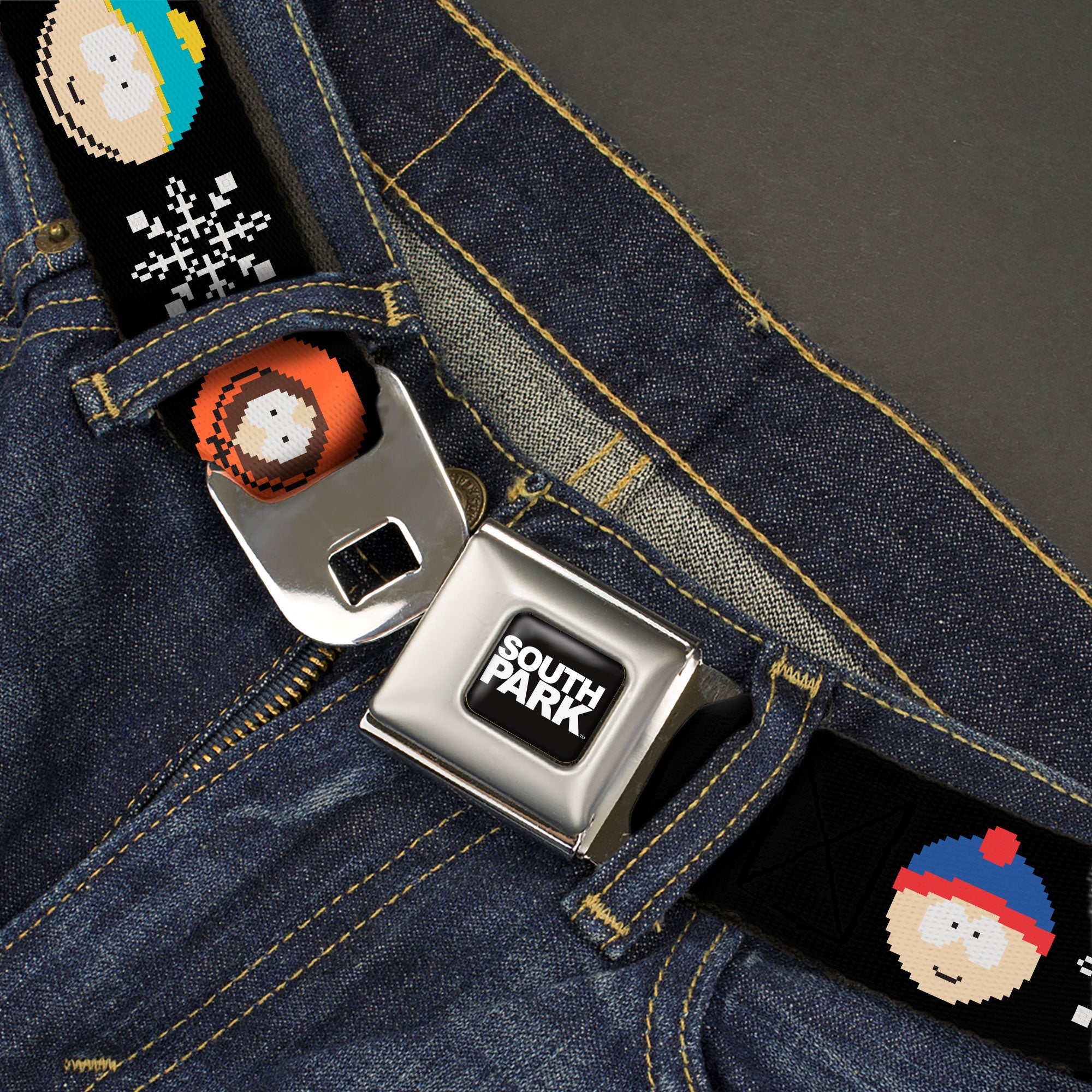 SOUTH PARK Title Logo Full Color Black/White Seatbelt Belt - South Park Boys Ugly Christmas Sweater Faces Black Webbing Seatbelt Belts South Park