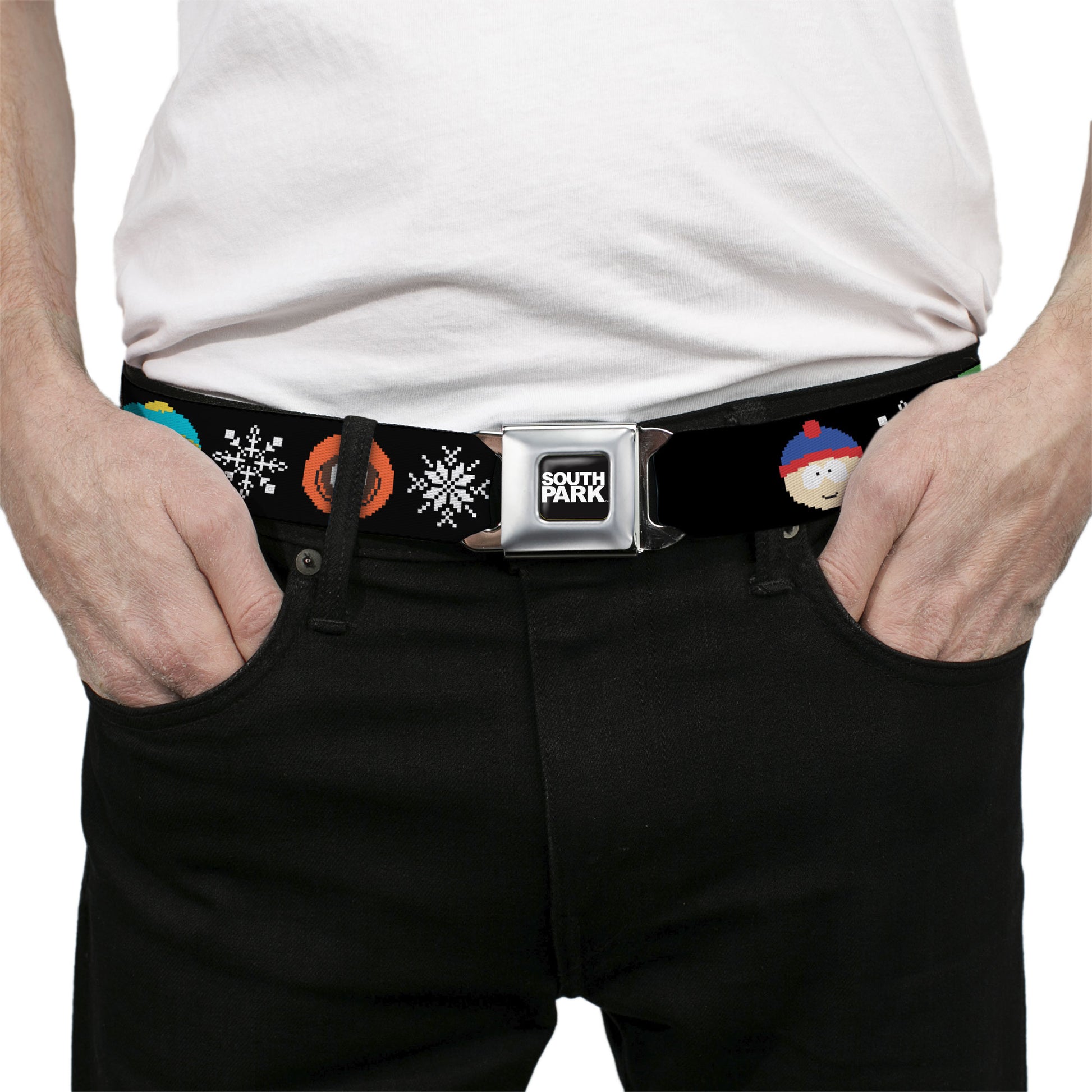 SOUTH PARK Title Logo Full Color Black/White Seatbelt Belt - South Park Boys Ugly Christmas Sweater Faces Black Webbing Seatbelt Belts South Park