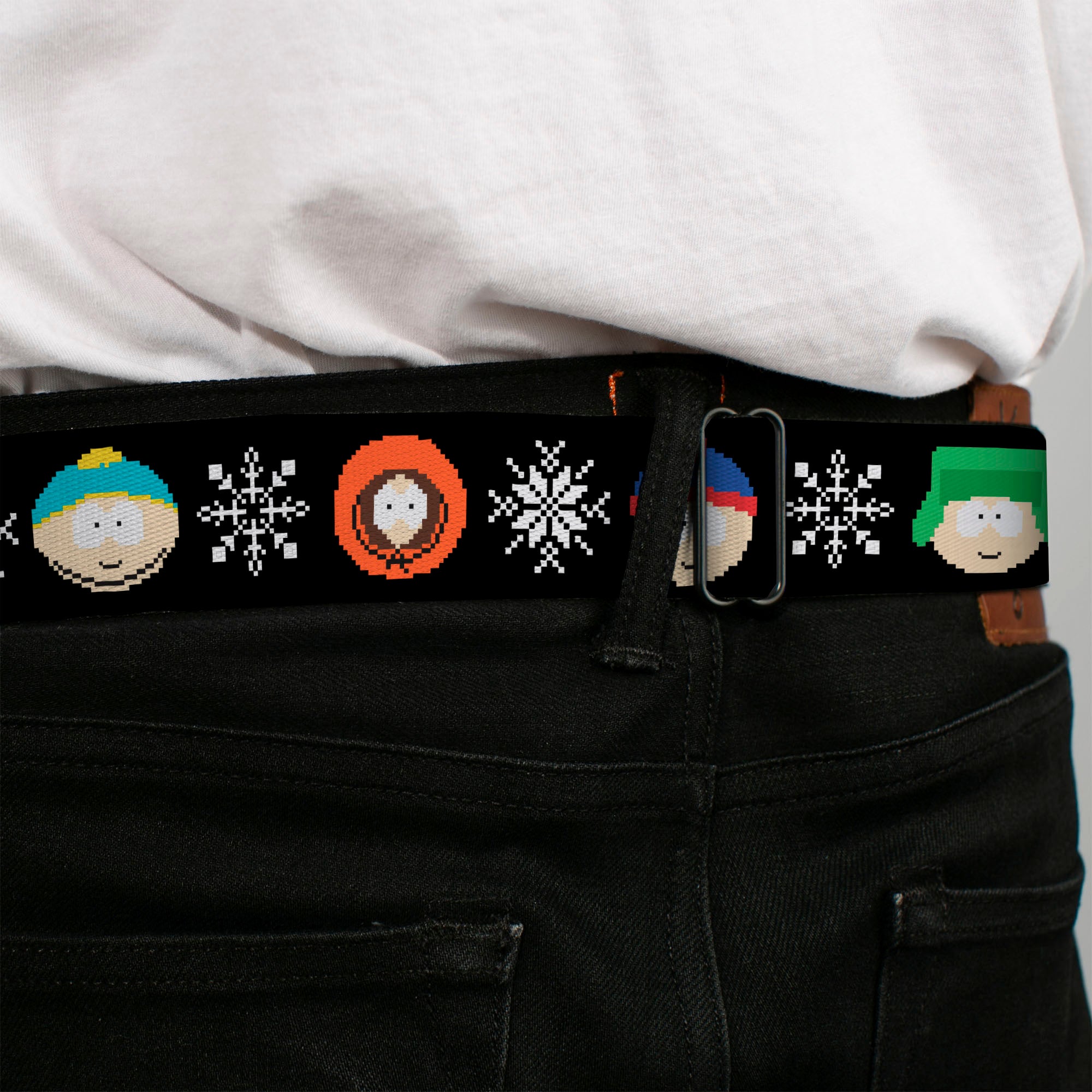 SOUTH PARK Title Logo Full Color Black/White Seatbelt Belt - South Park Boys Ugly Christmas Sweater Faces Black Webbing Seatbelt Belts South Park
