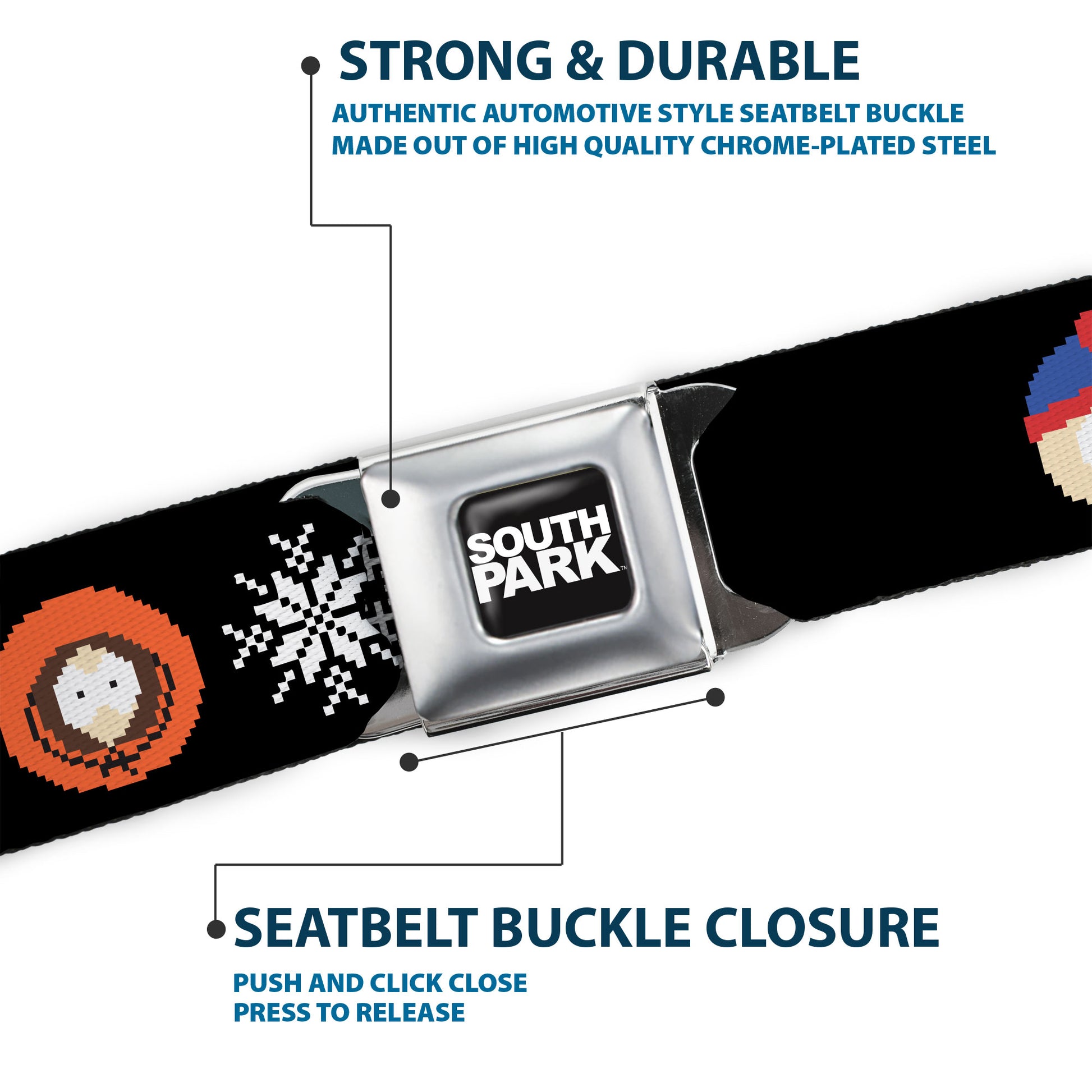 SOUTH PARK Title Logo Full Color Black/White Seatbelt Belt - South Park Boys Ugly Christmas Sweater Faces Black Webbing Seatbelt Belts South Park