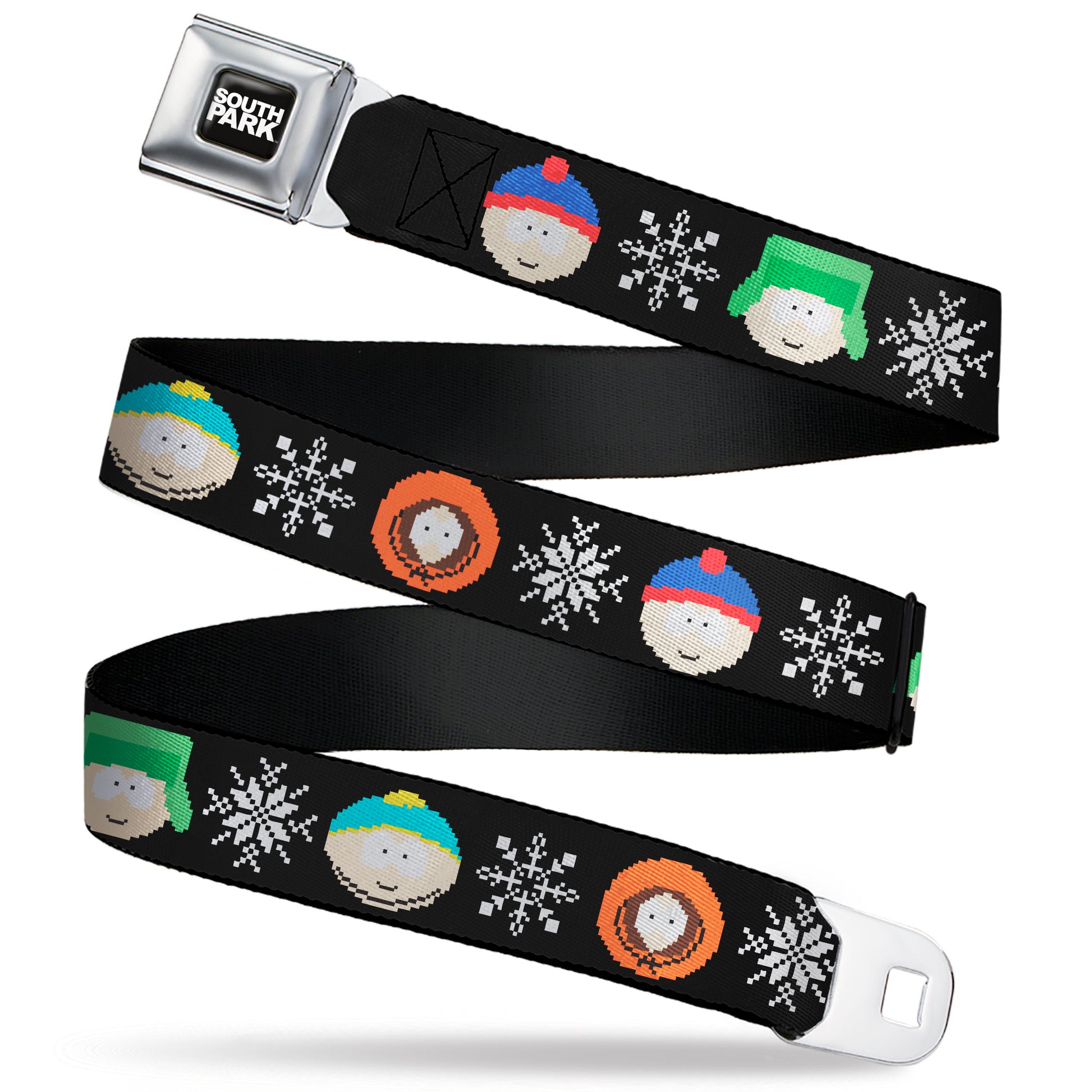 SOUTH PARK Title Logo Full Color Black/White Seatbelt Belt - South Park Boys Ugly Christmas Sweater Faces Black Webbing Seatbelt Belts South Park