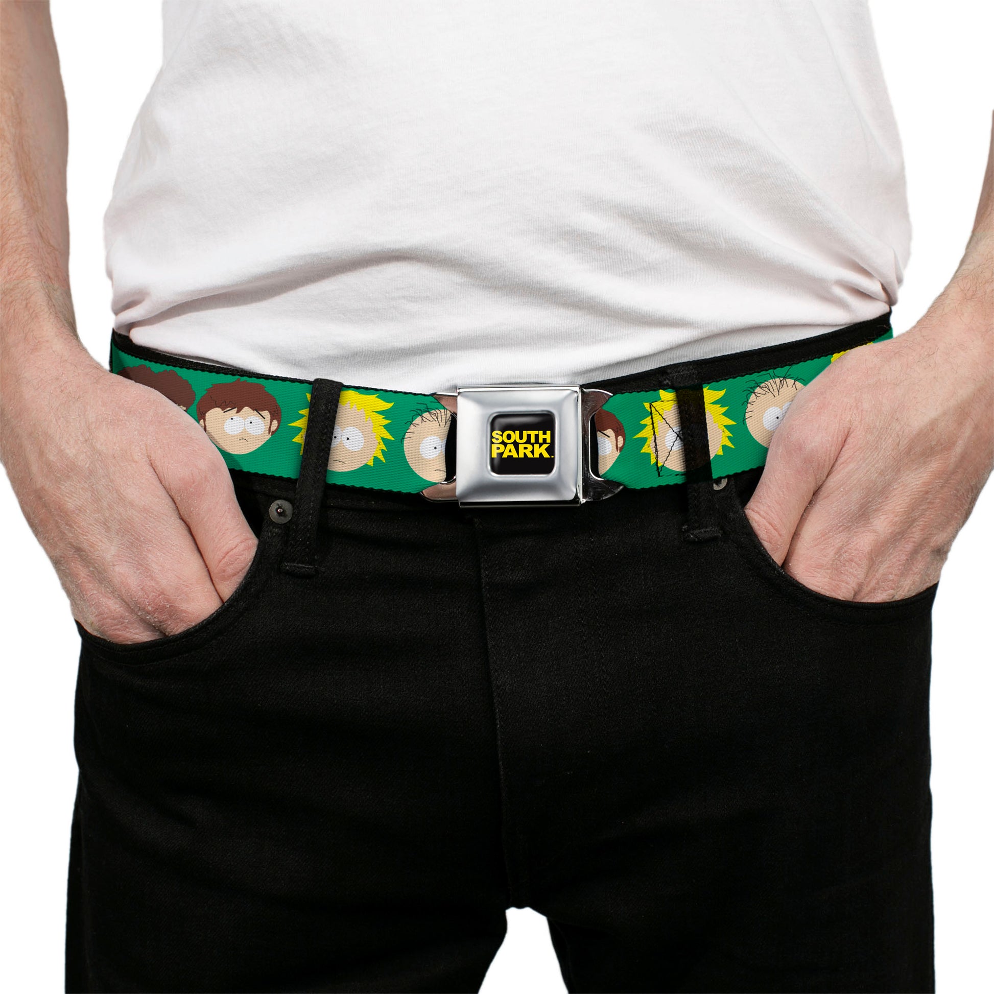 SOUTH PARK Title Logo Full Color Black/Yellow Seatbelt Belt - South Park Kids Faces Green Webbing Seatbelt Belts South Park