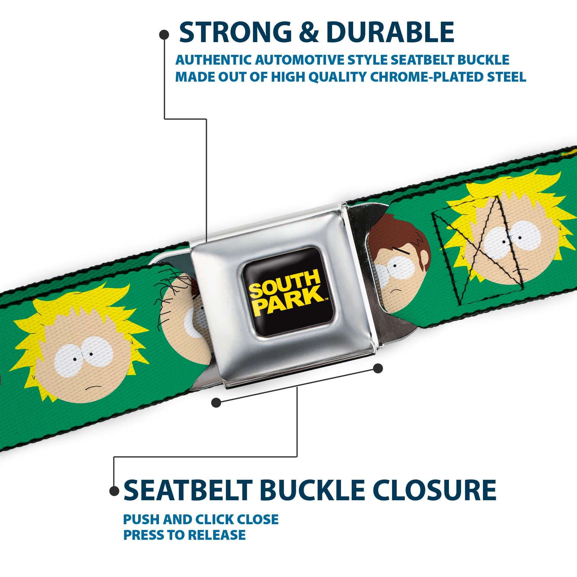 SOUTH PARK Title Logo Full Color Black/Yellow Seatbelt Belt - South Park Kids Faces Green Webbing Seatbelt Belts South Park