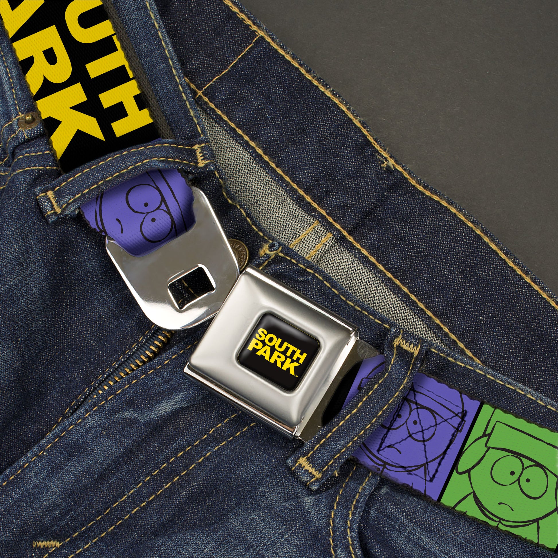 SOUTH PARK Title Logo Full Color Black/Yellow Seatbelt Belt - SOUTH PARK Boys Face Drawing and Title Logo Color Block Multi Color Webbing Seatbelt Belts South Park
